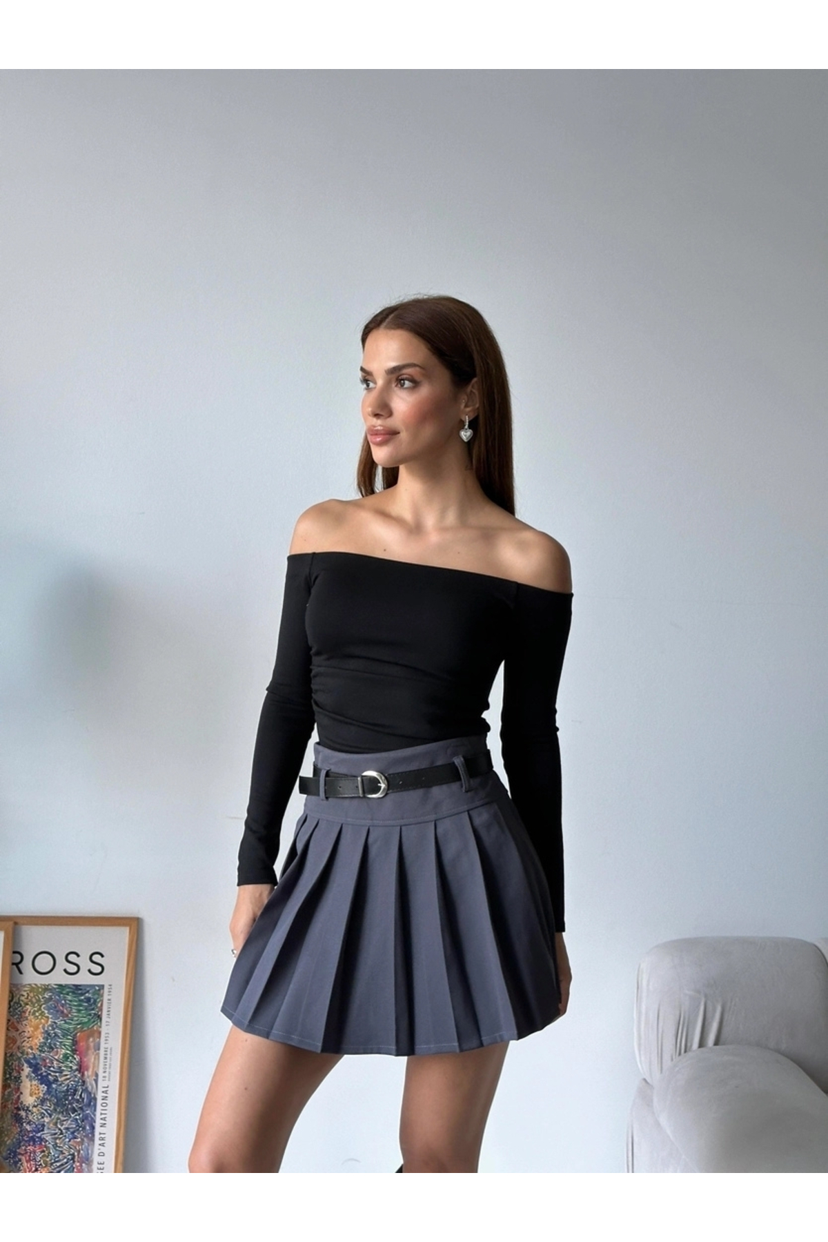 Leo Ferre  Füme Full Pileli Kemerli Astar Şortlu Kadın Mini Etek - Görsel 6