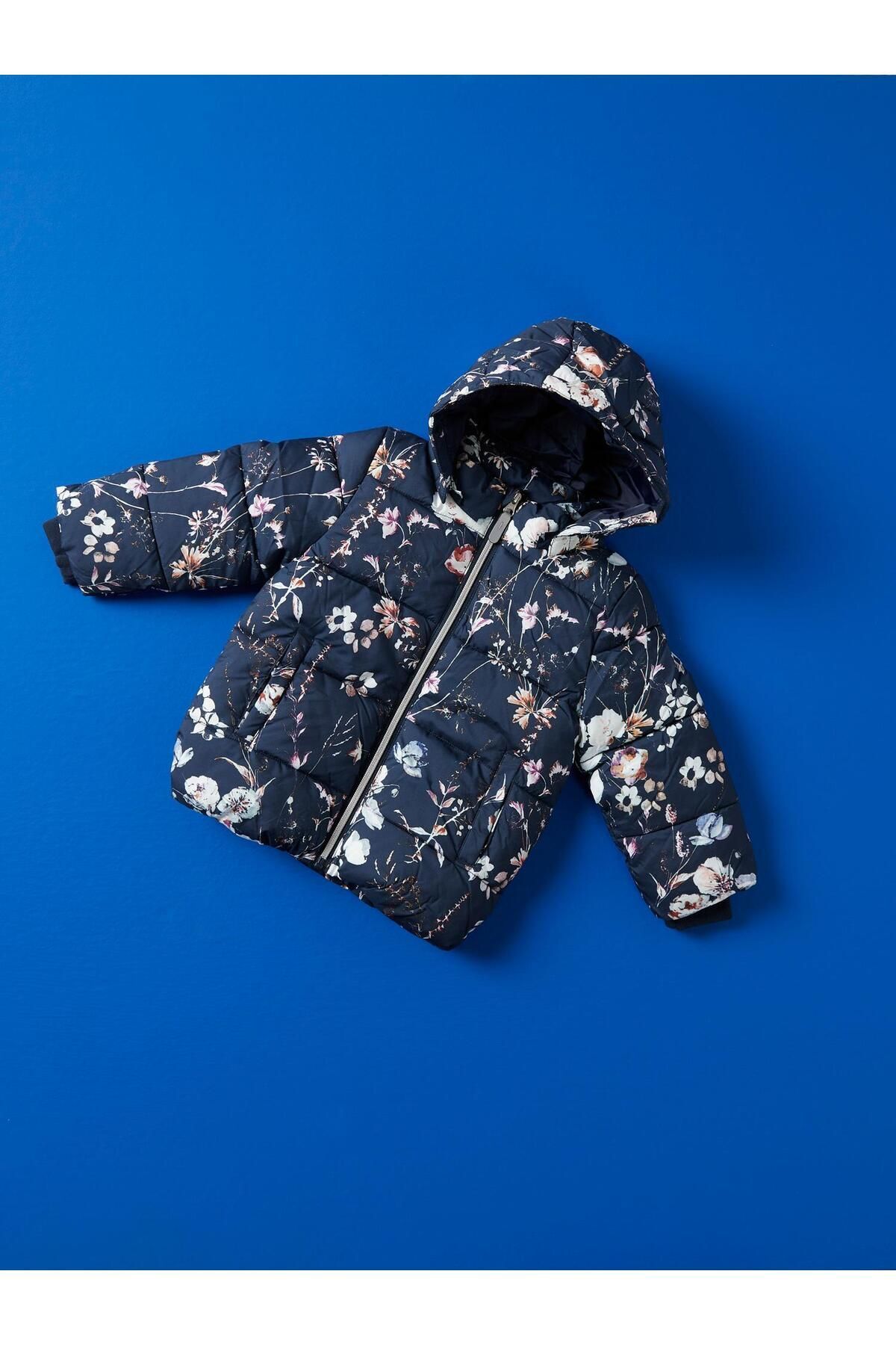 name ıt-Girl's Navy Blue Puffer Jacket - Nmfmay Flower Model 3