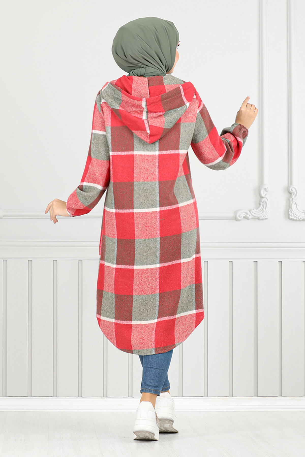 ModaMerve-Red Hooded Plaid Tunic - 4000Ktr927-M 5