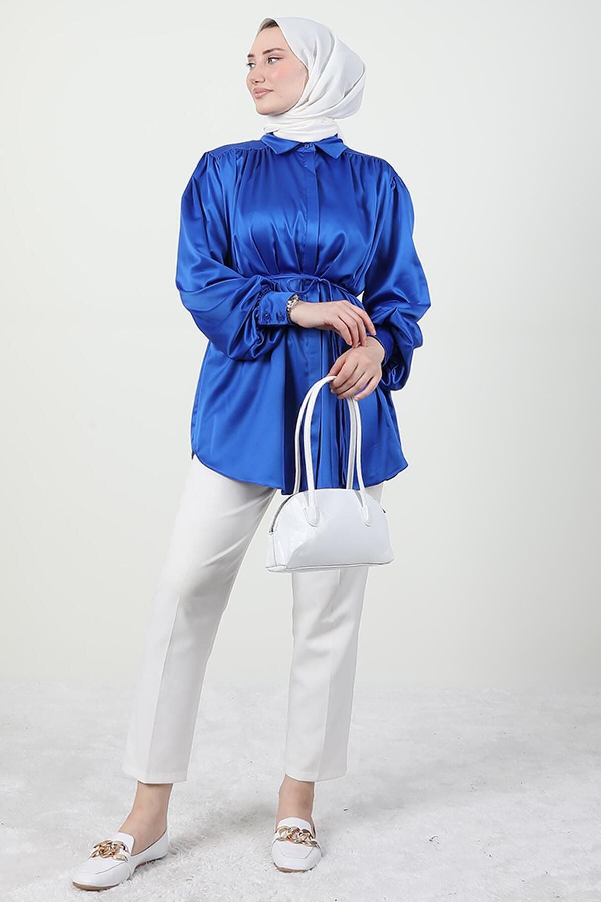 Giza Giyim-Night Blue Satin Shirt - Hidden Button Detail 3