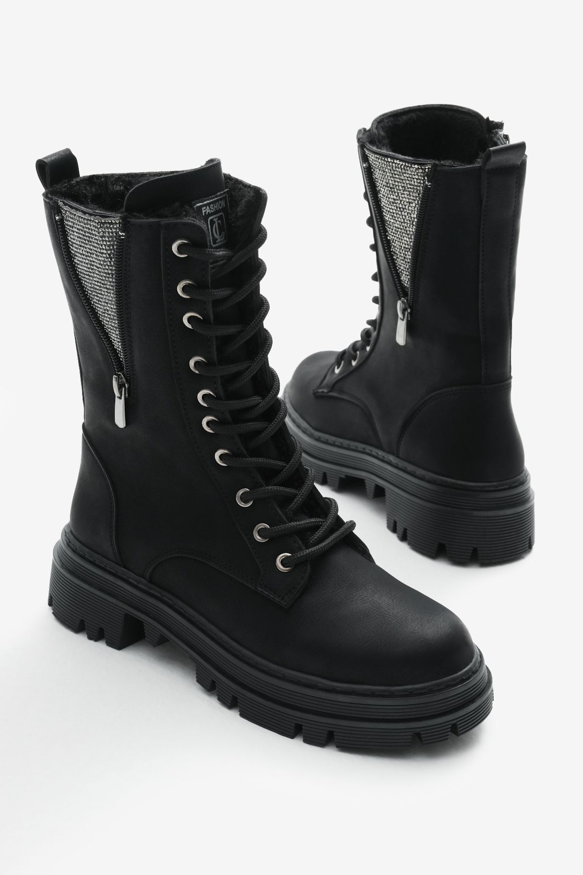 Tonny Black-Women's Black Matte Thermo Sole Side Stone Detailed Lace up and Zippered Boots 3