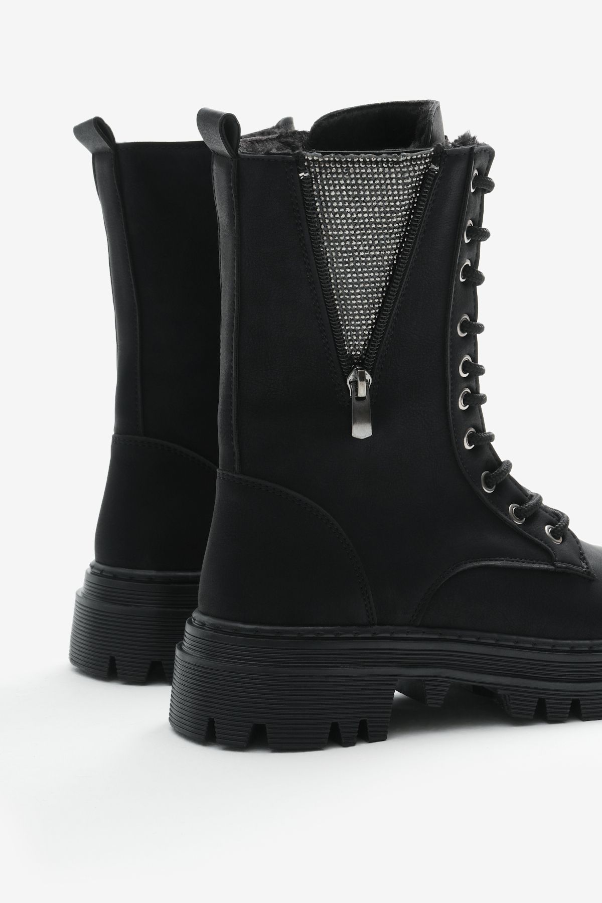 Tonny Black-Women's Black Matte Thermo Sole Side Stone Detailed Lace up and Zippered Boots 5