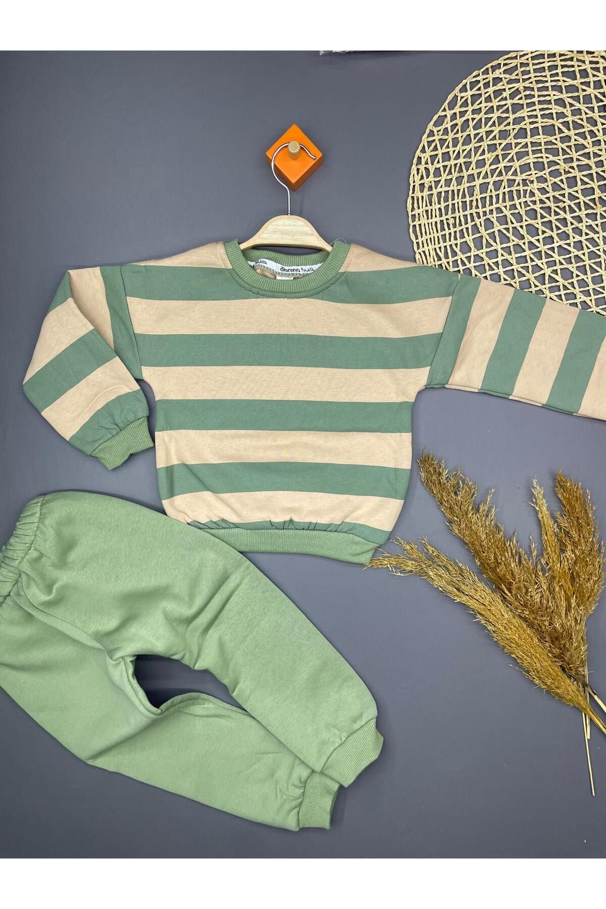ZİMBOO-Boys Children's Charded 3 Threads 1-5 Years Old Stripe Printed 2-Piece Set 3