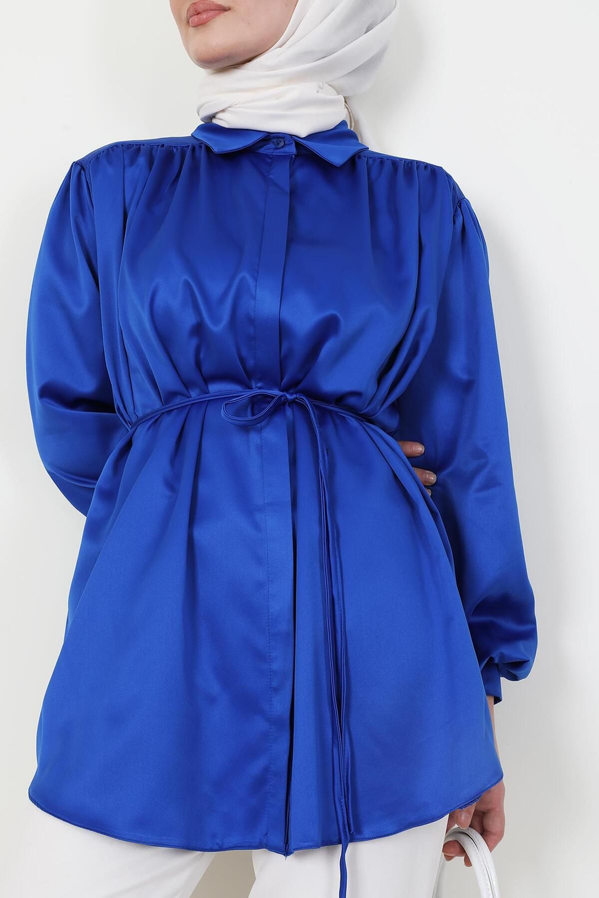 Giza Giyim-Night Blue Satin Shirt - Hidden Button Detail 5