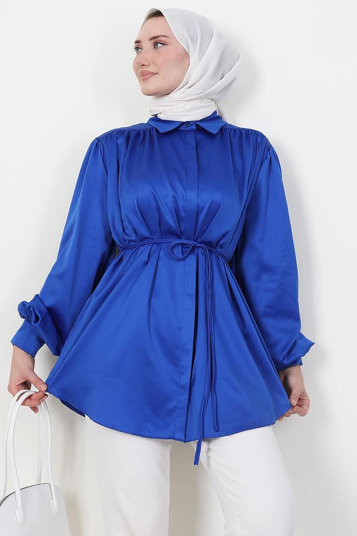 Giza Giyim-Night Blue Satin Shirt - Hidden Button Detail 2