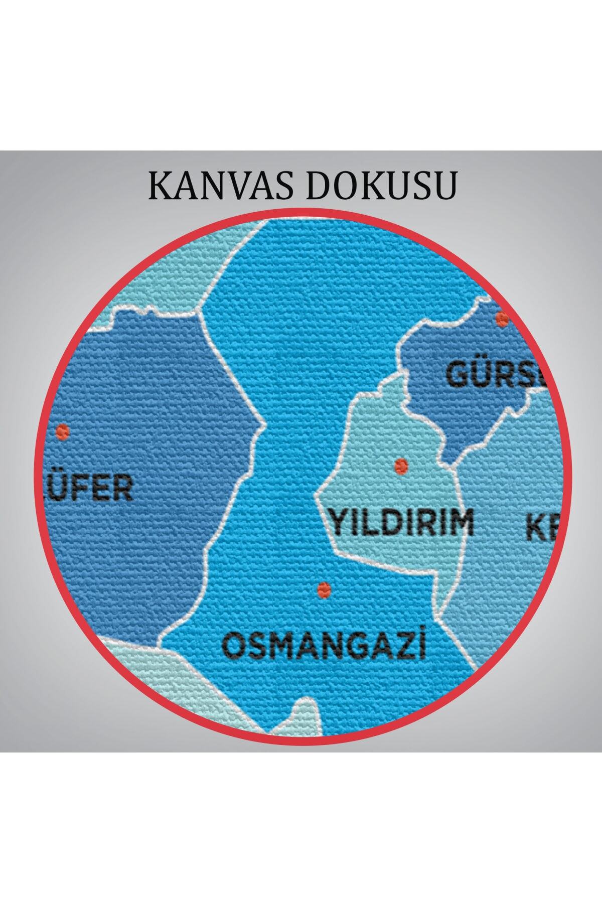 Bursa Ili Ve Ilçeler Haritası Dekoratif Kanvas Tablo-2 görsel 6