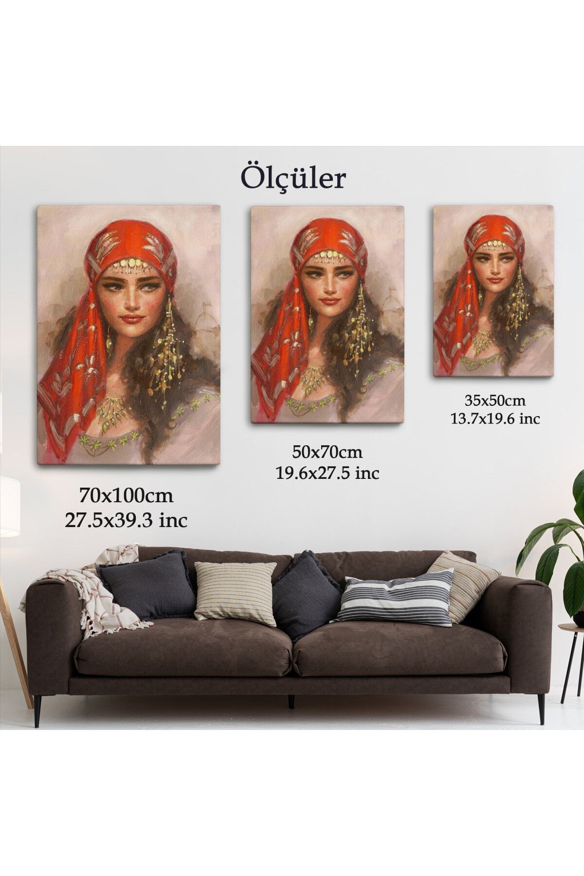 Çerçeveli Kırmızı Başörtülü Güzel Kadın Duvar Kanvas Tablosu görsel 5