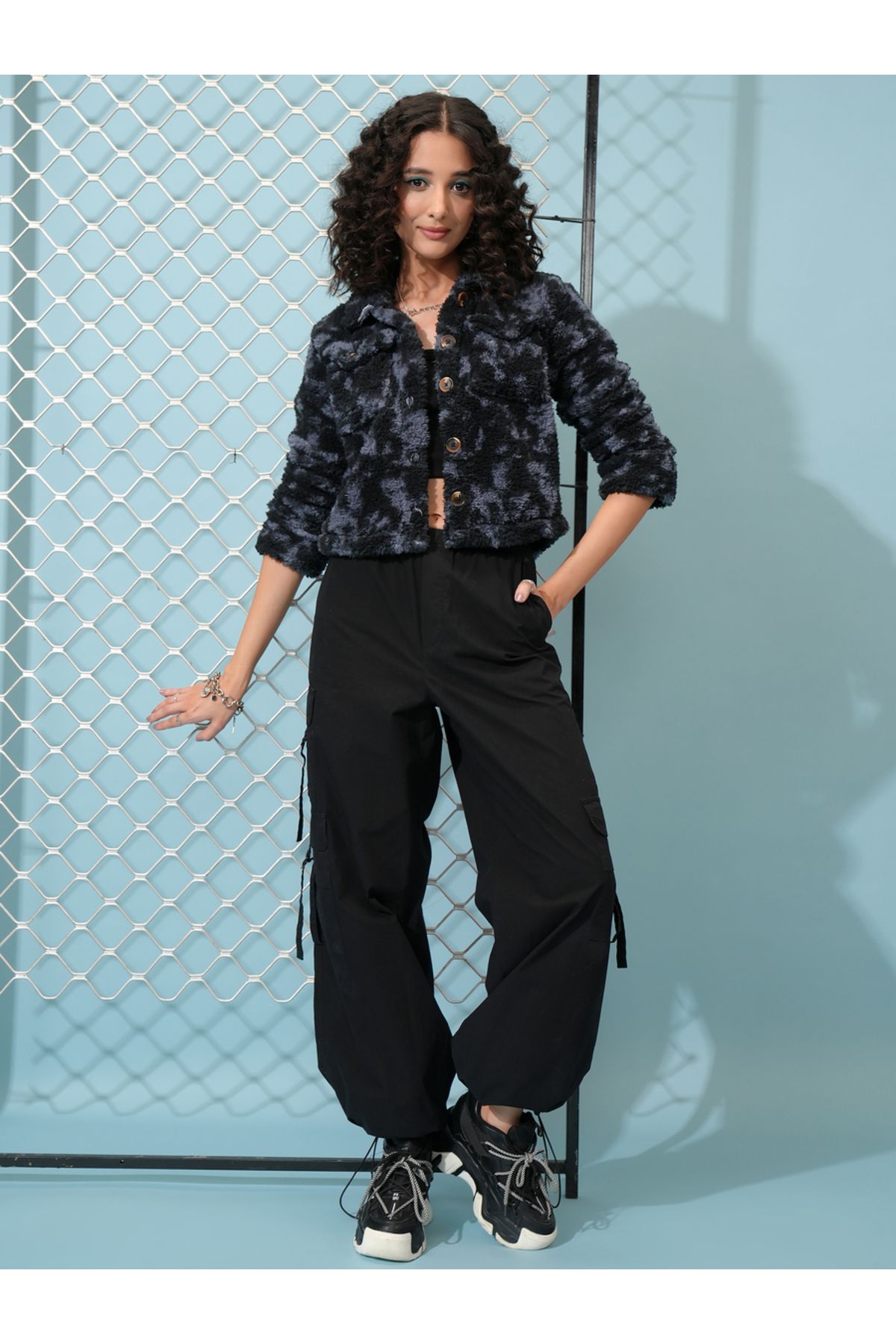 Tokyo Talkies By Styli-Abstract Print Button Detail Collared Jacket 2