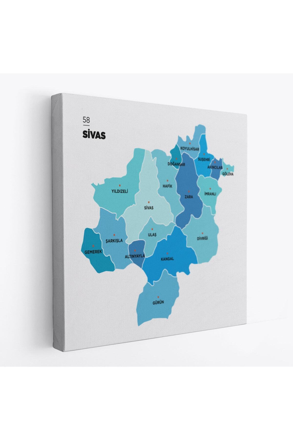Sivas Ili Ve Ilçeler Haritası Dekoratif Kanvas Tablo-1