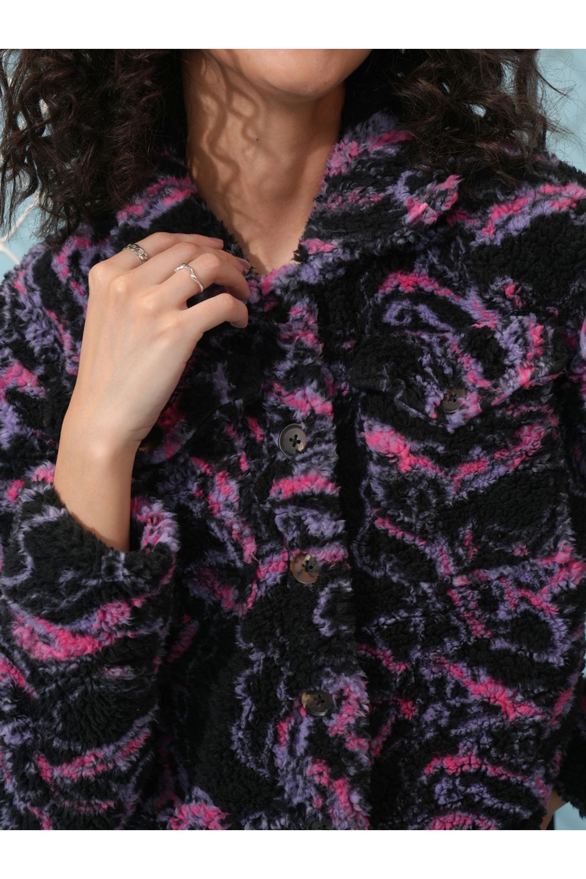 Tokyo Talkies By Styli-Abstract Print Button Detail Collared Jacket 5