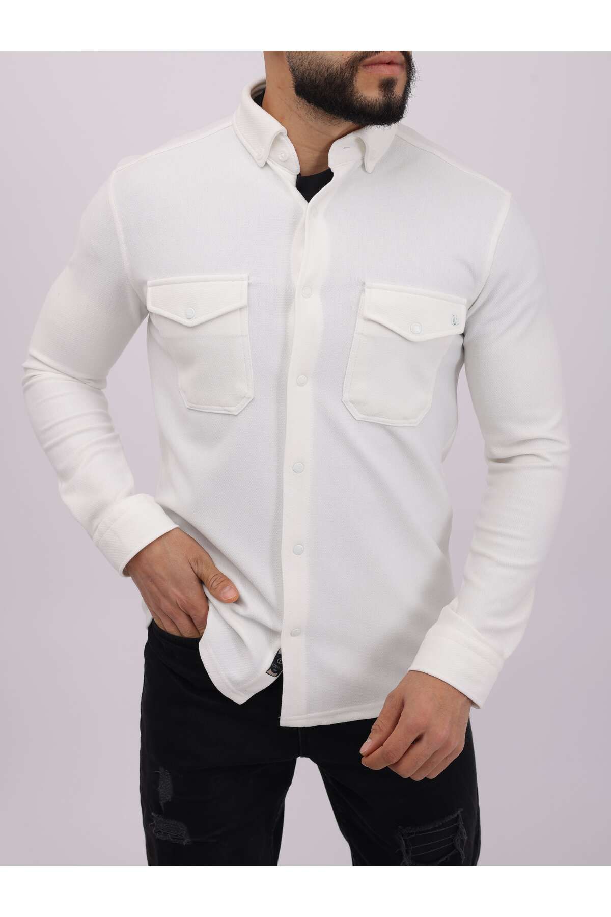 cliento-Men's White Slim Fit Lycra Seasonal Knitted Shirt 3