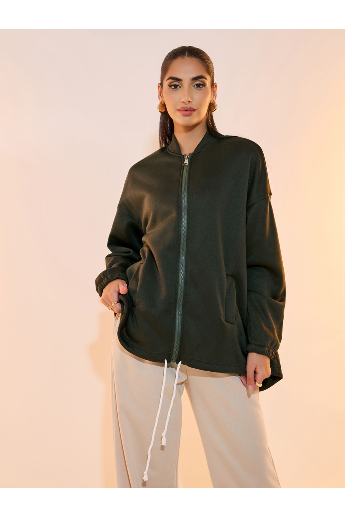 Take Two By Styli-Solid Front Zipper Drawstring Hem Jacket 1