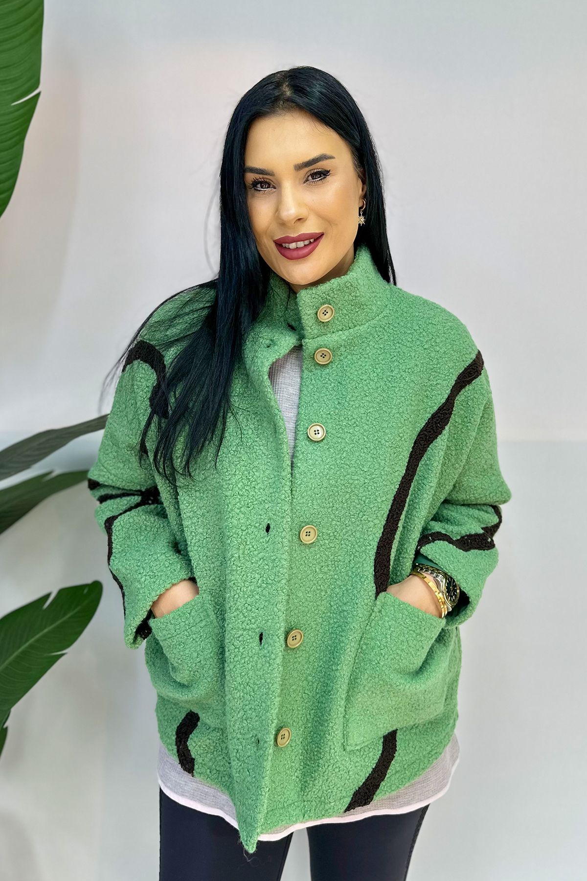 GÖKSEL-Green Plus Size Striped Coat 1