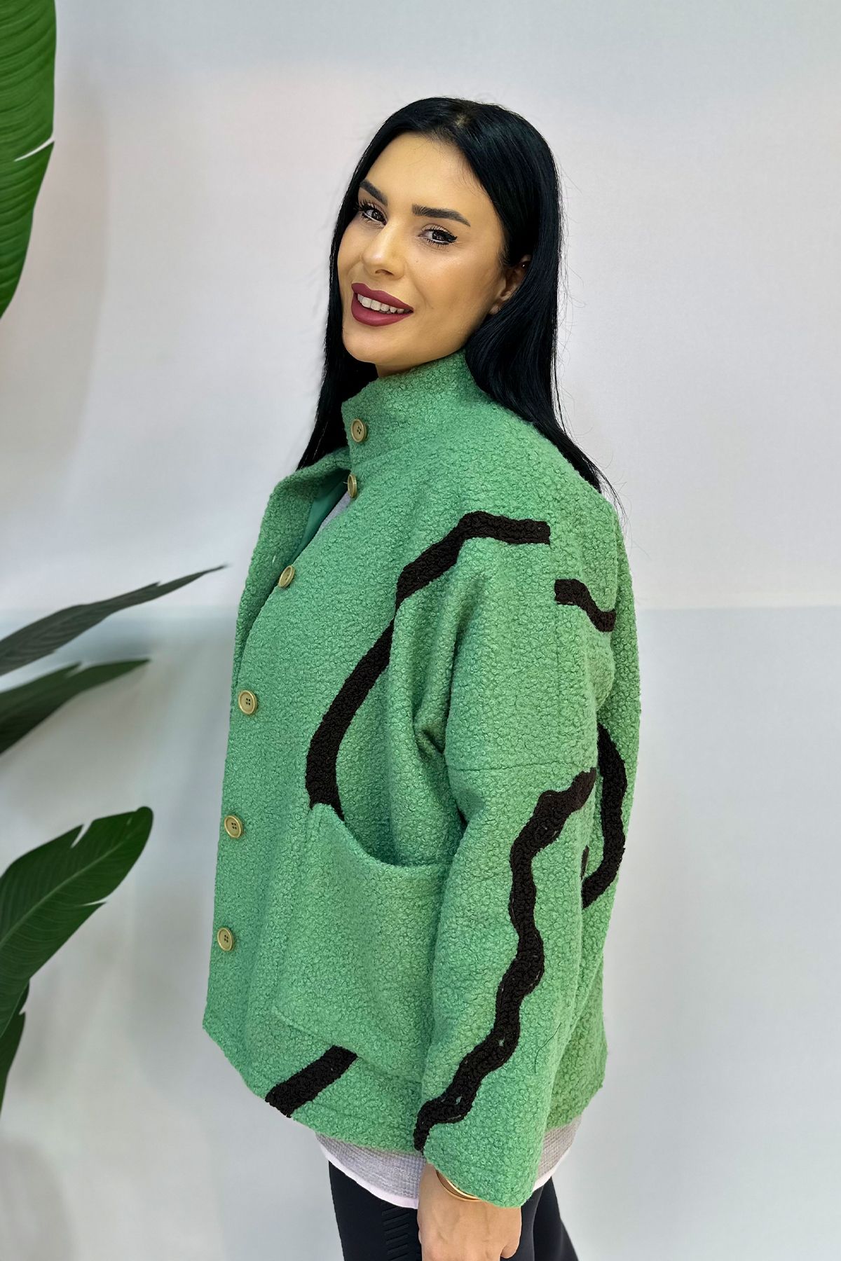 GÖKSEL-Green Plus Size Striped Coat 2