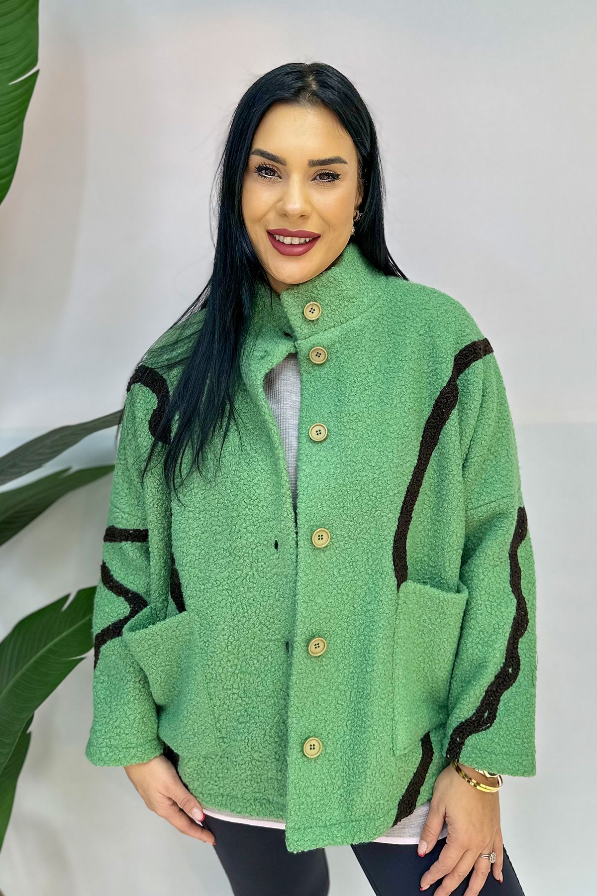 GÖKSEL-Green Plus Size Striped Coat 5