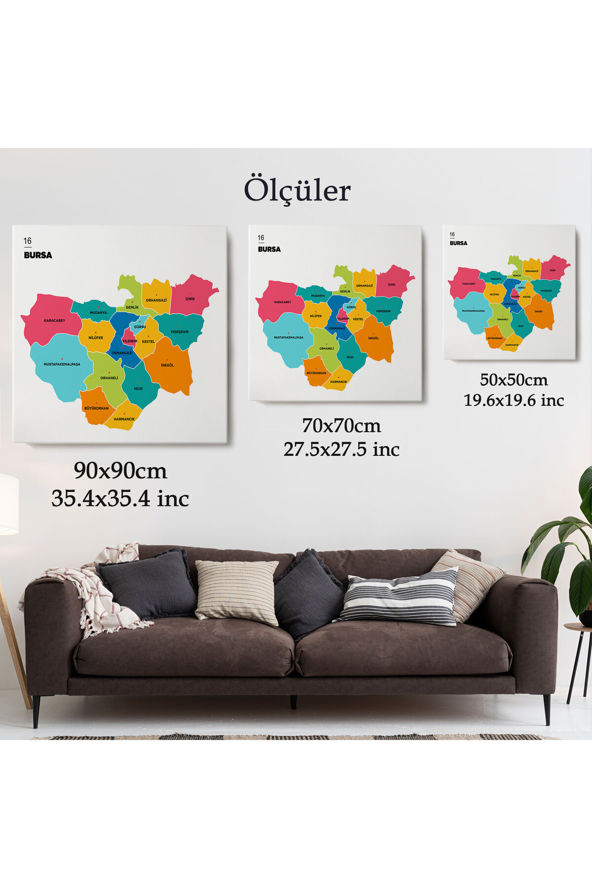 Bursa Ili Ve Ilçeler Haritası Dekoratif Kanvas Tablo-1 görsel 5