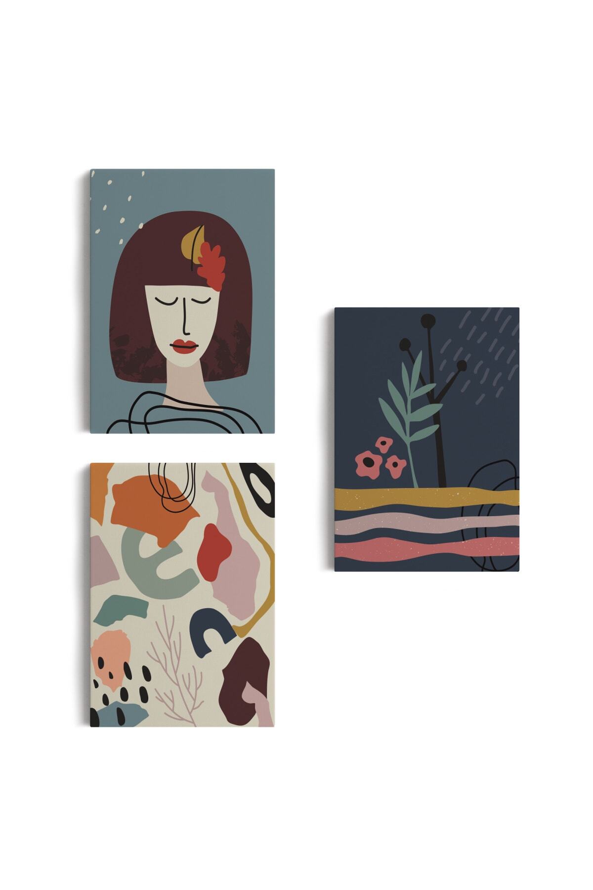 Çağdaş, Modern, Soyut Pastel 3 Lü Kanvas Duvar Tabblo Seti