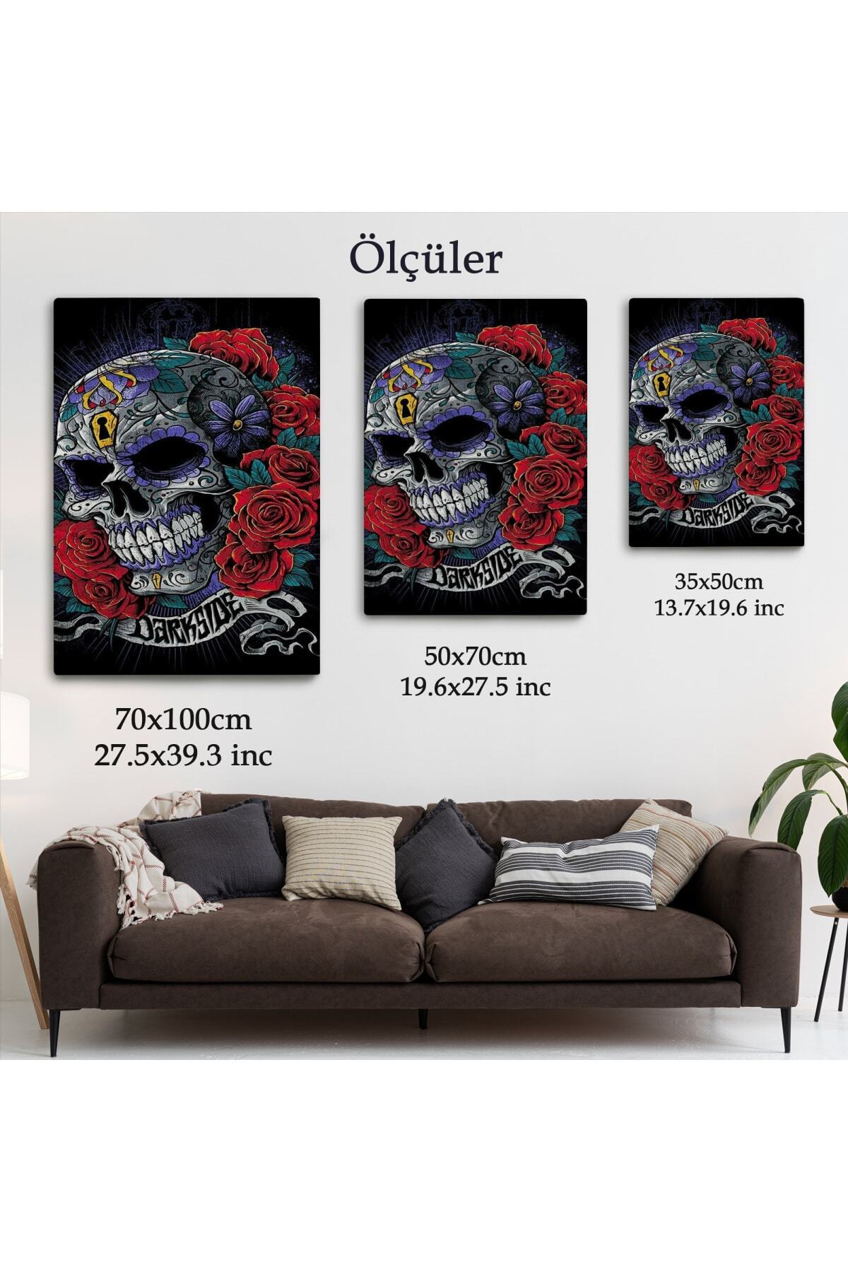 Renkli Çiçeklerle Kafatası Posteri, Şeker Kafatası Sanatsal Kanvas Tablo görsel 6