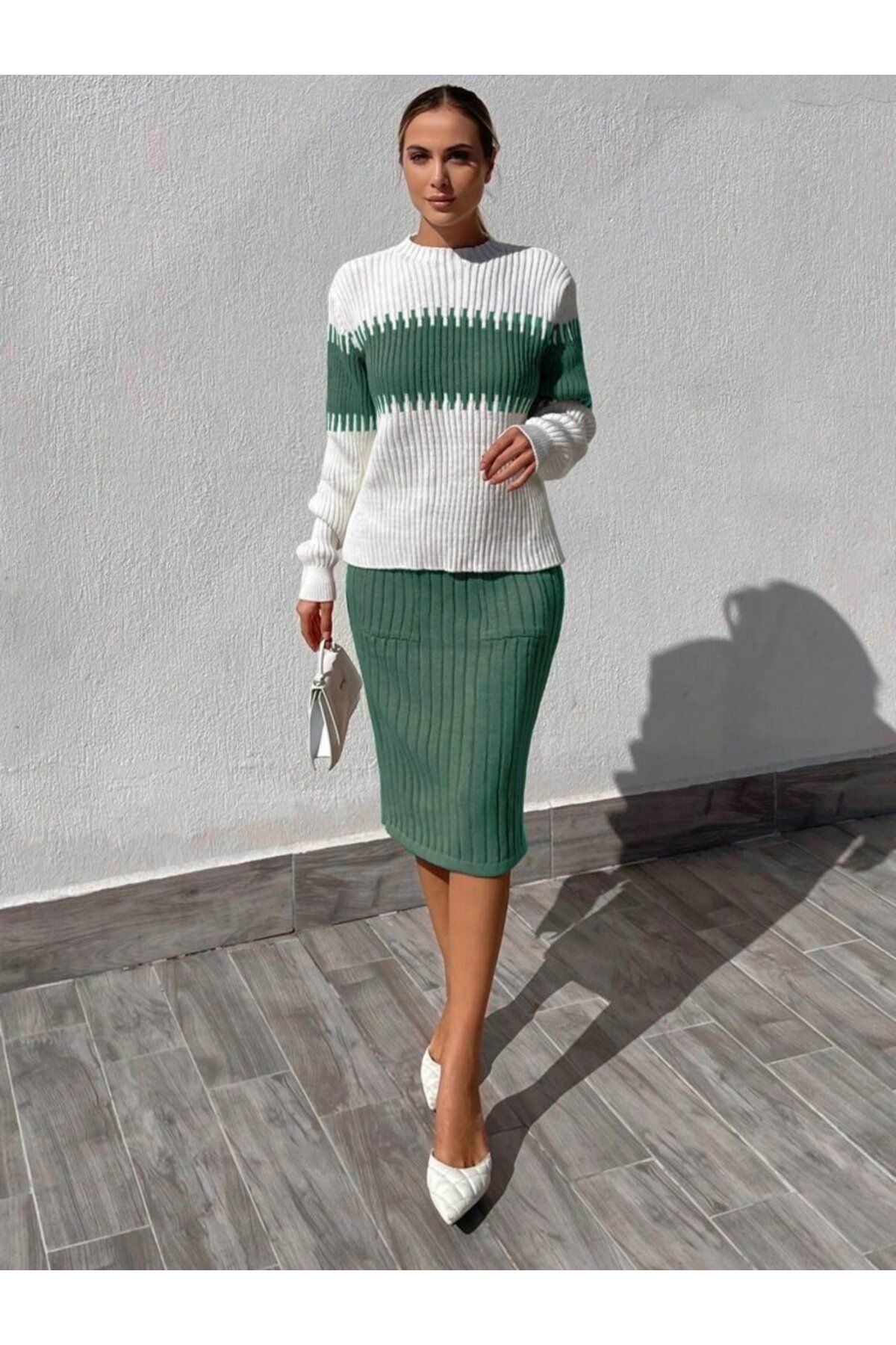 velmorafashion Kadın Uzun Kollu Triko Etekli Takım