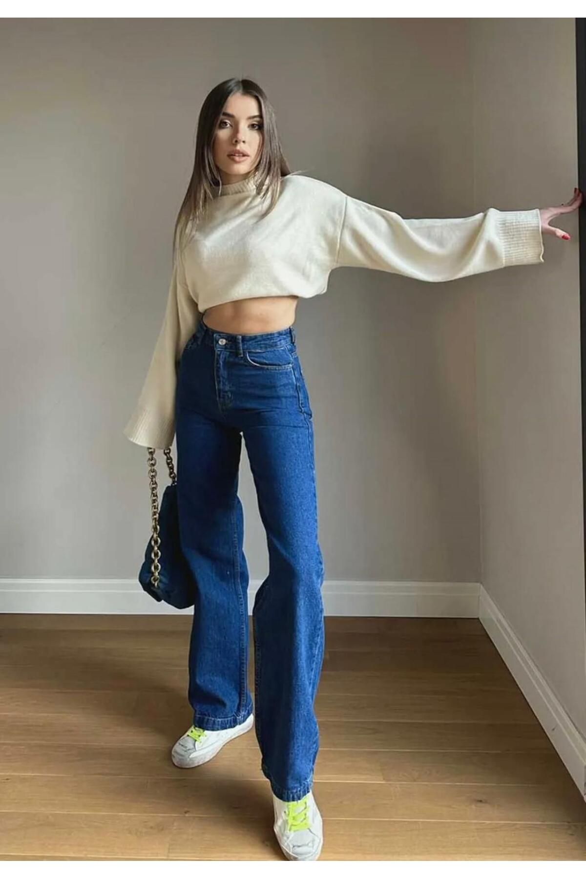 مجموعه jsshop مدل 90 شلوار جین Lycra Super Extra High Waist Palazzo Loose Jean