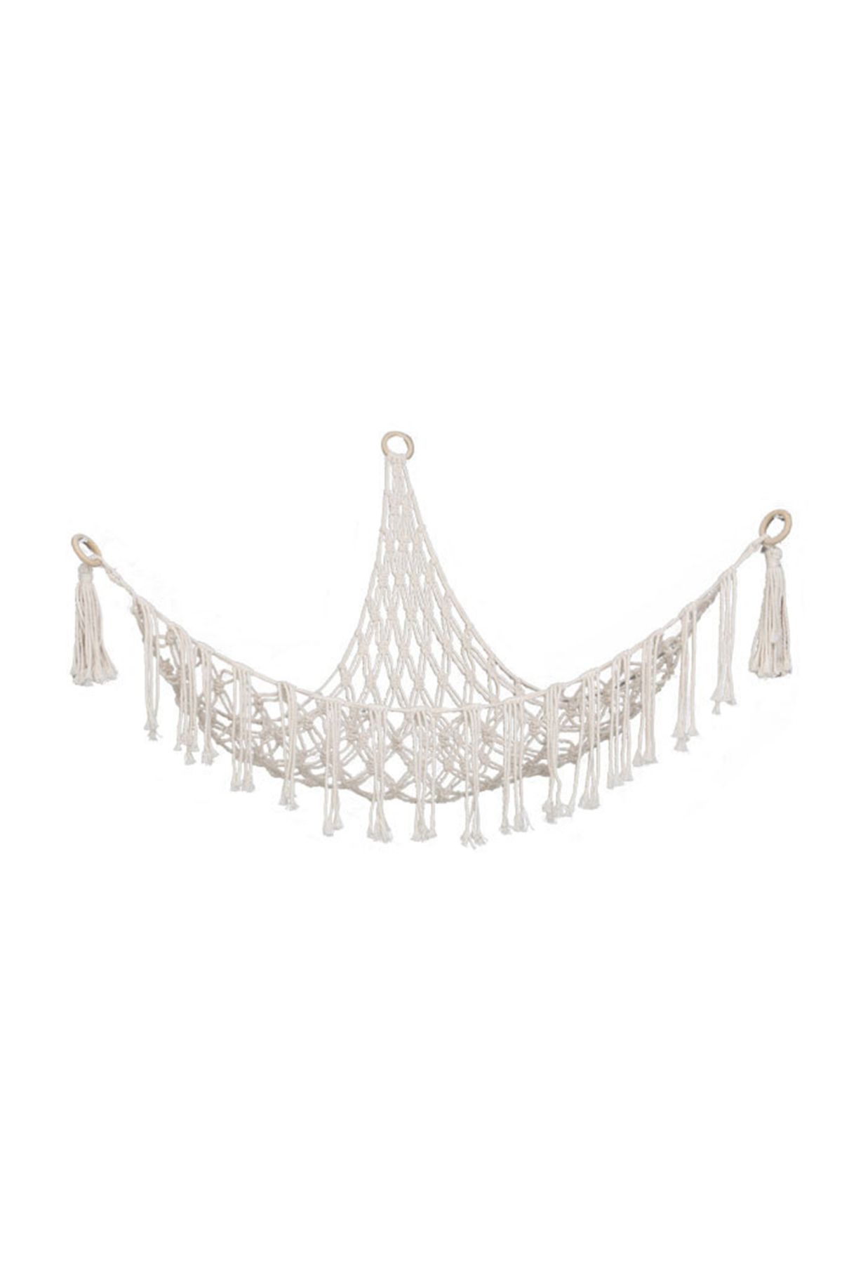 Choice-White Boho Plush Toy Hammock Triangular Shape Hanging Mesh Storage Basket Cotton Tassels Wall Net Fo 1