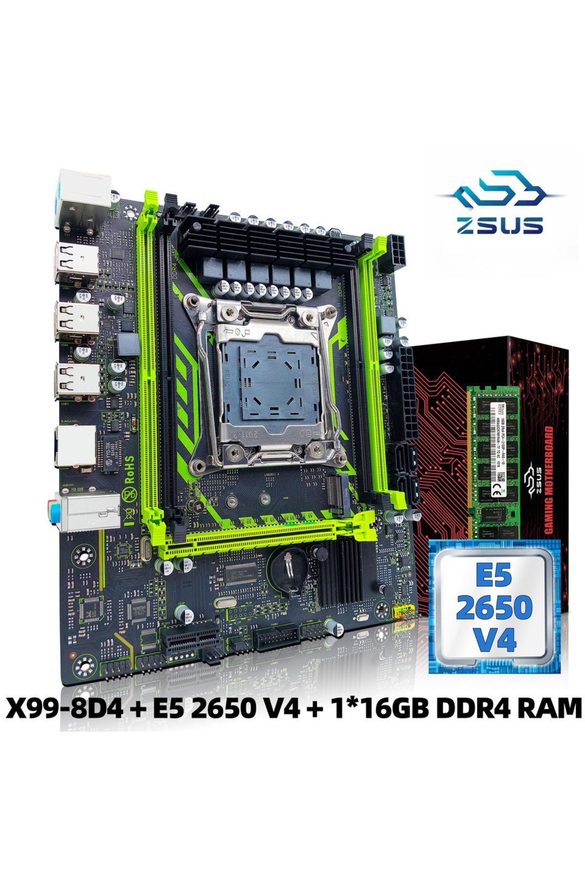 ZSUS-مجموعة اللوحة الأم X99-8d4 مع وحدة المعالجة المركزية Lga2011-3 Xeon E5 2650 V4 ووحدة المعالجة المركزية Ddr4 16 جيجابايت (1*16 جيجابايت) 1
