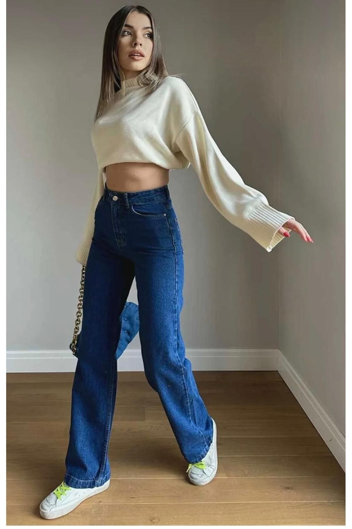 مجموعه jsshop مدل 90 شلوار جین Lycra Super Extra High Waist Palazzo Loose Jean