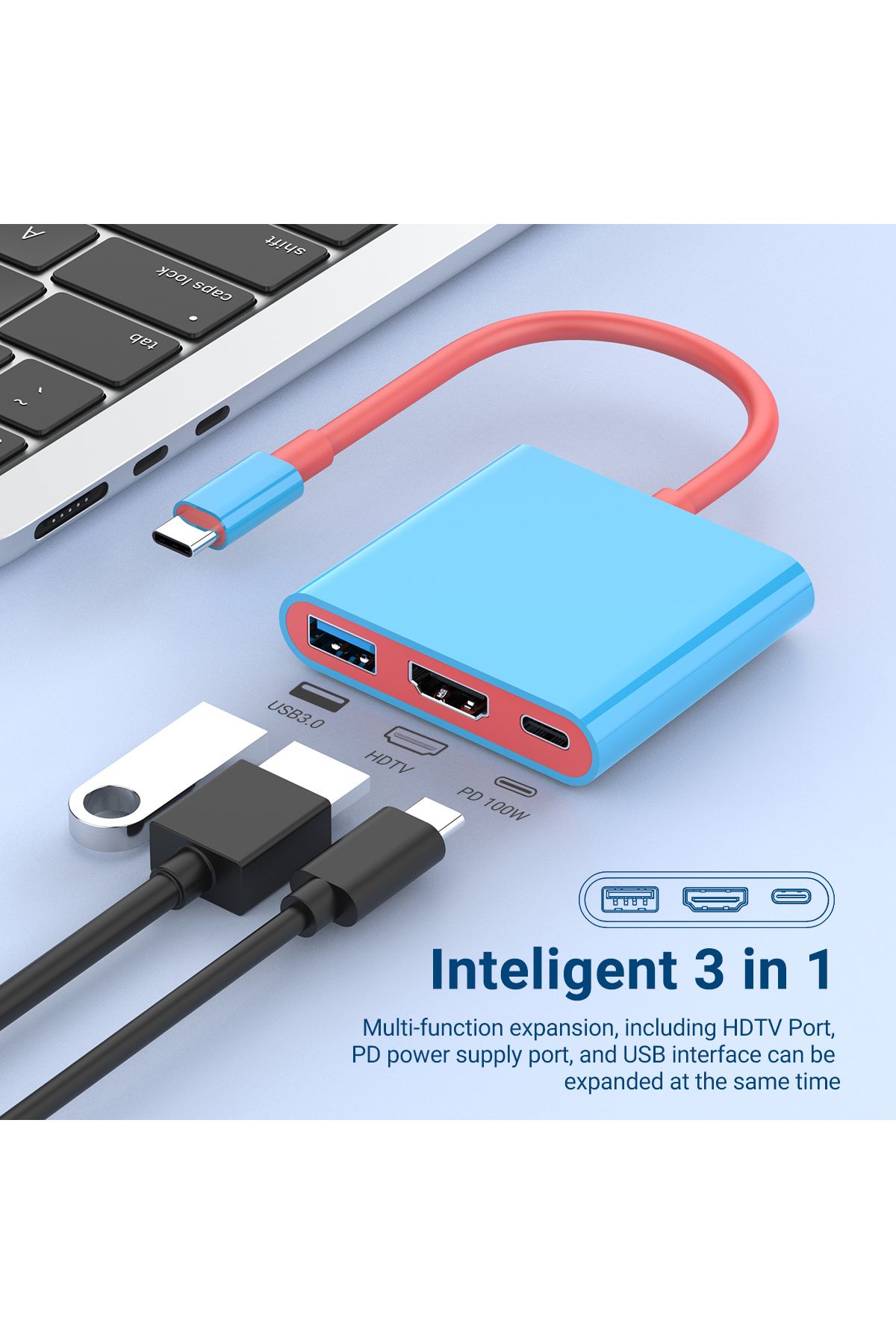 Choice-Blue And Red Portable Switch Tv Dock 3 In 1 Usb-c Game Hub With 4k Hdmi,usb3.0(5GBPS) ,pd 100w Ports 8