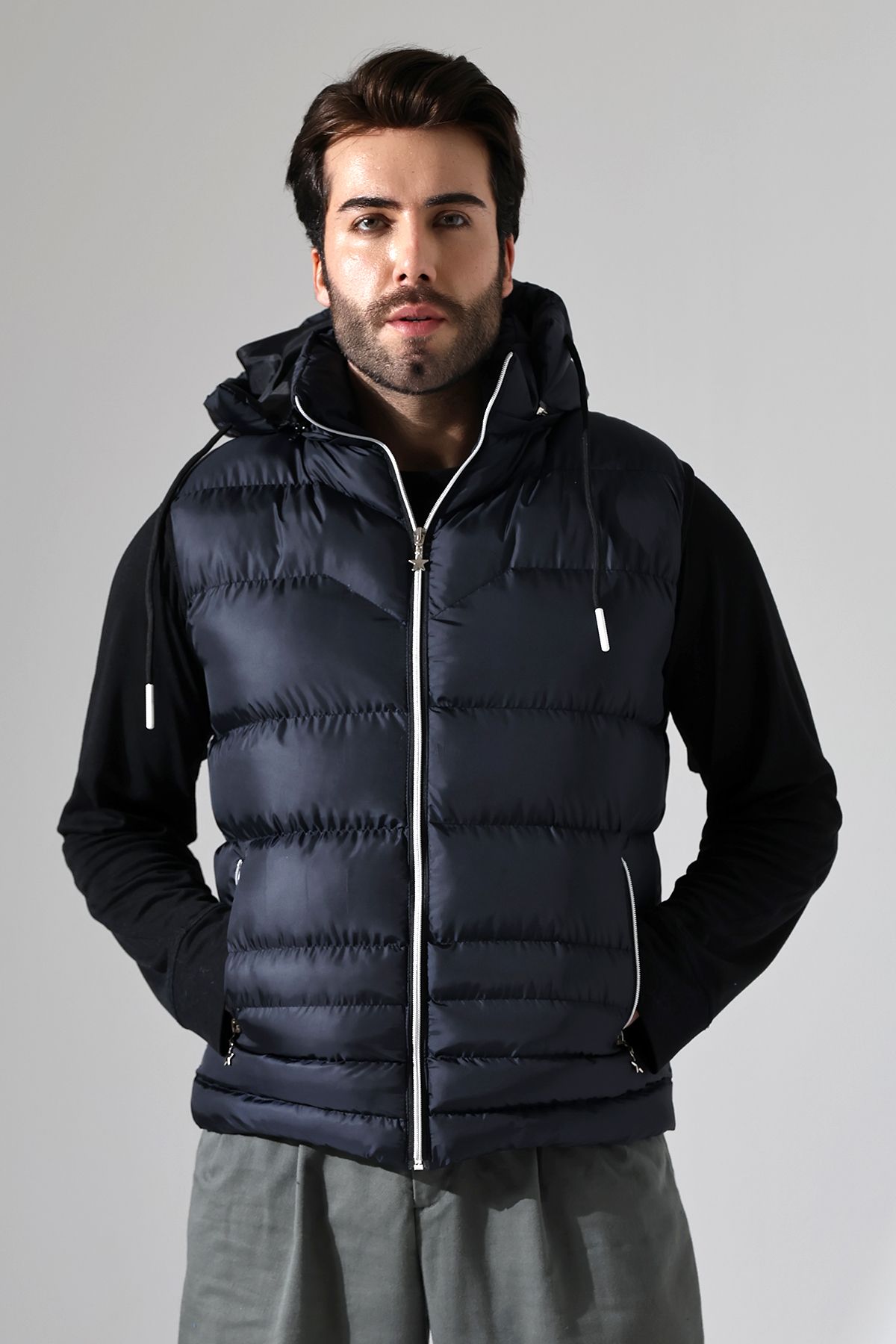 B.HE.Z Vestă De Puf Pentru Bărbați Bleumarin - Căptușeală Cu Gel, Fermoar Detașabil, Glugă Și Buzunar Interior Masculin - 2XL