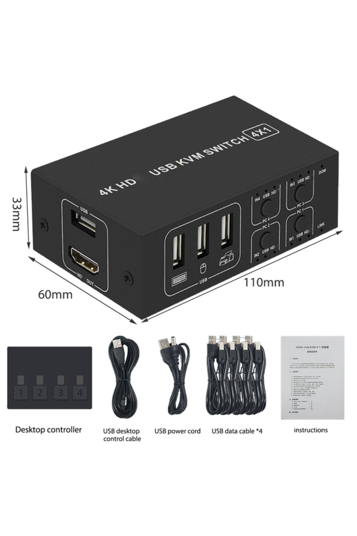 lieve-مفتاح USB 4 منافذ HDMI KVM 4 في 1 مخرج 4K 60 هرتز مفتاح HDMI USB محدد مع وحدة تحكم سطح المكتب لـ 4 1