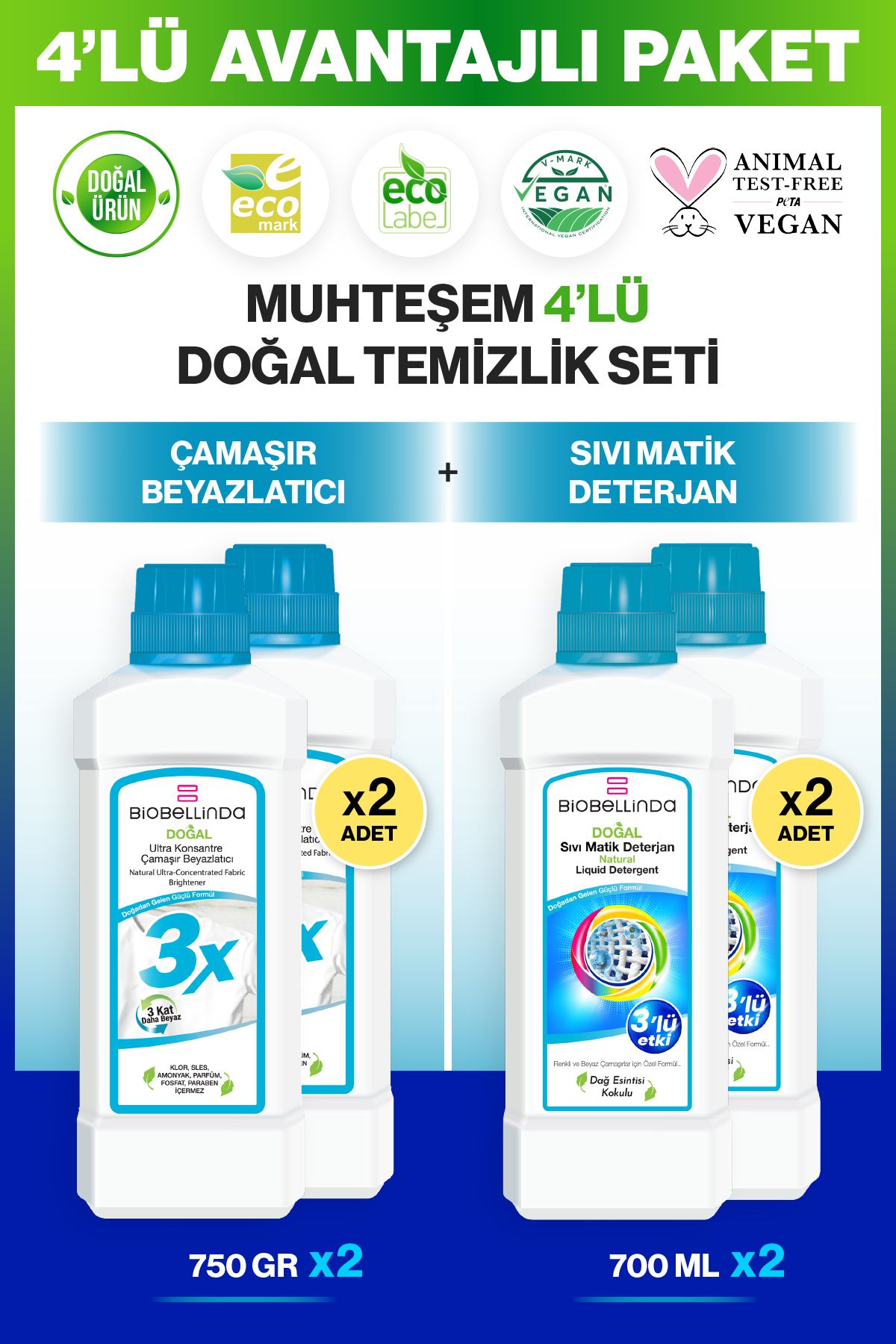 BioBellinda 4'LÜ DOĞAL TEMİZLİK SETİ - 2 ADET Çamaşır Beyazlatıcı 3x & 2 ADET Sıvı Matik Deterjan