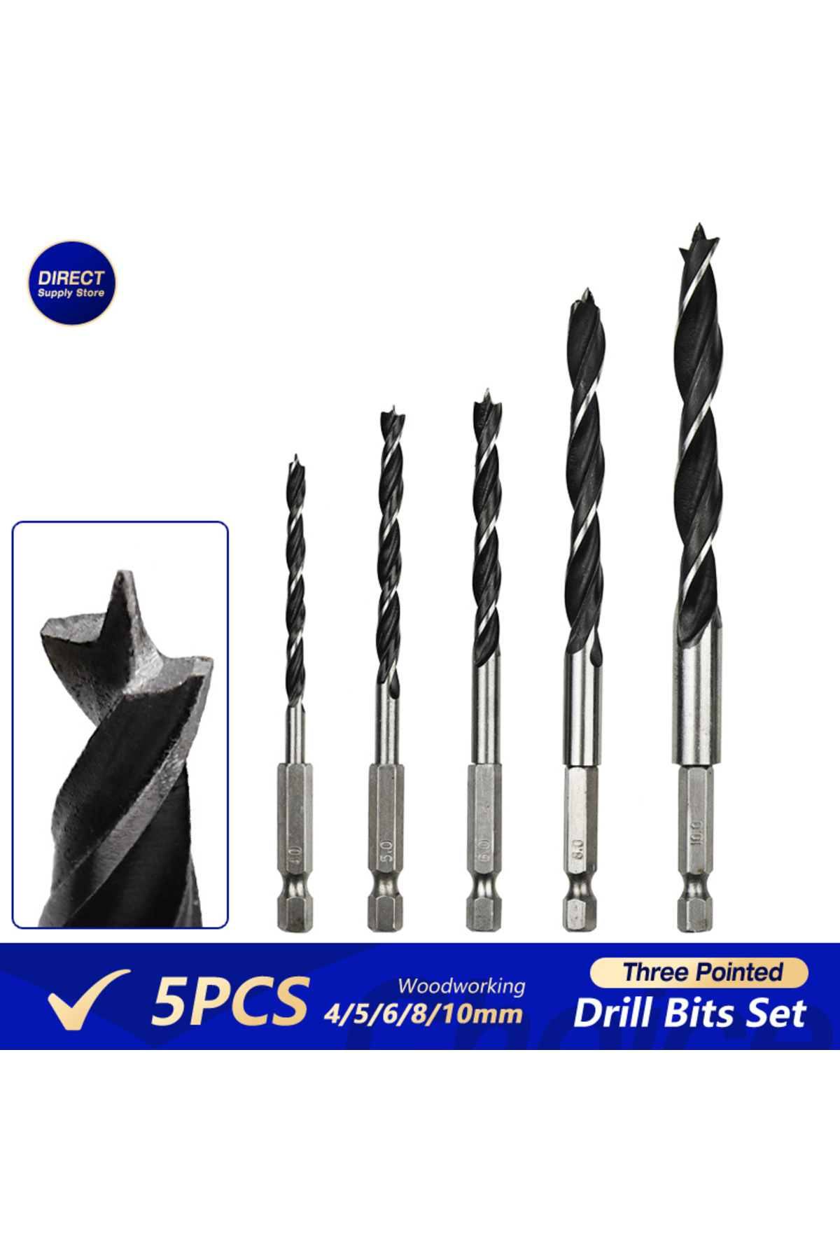 Choice-Round 5pcs 1/4" 4/5/6/8/10mm Three Pointed Woodworking Drill Bit Set Round / Hexagonal Handle Woodwo 1