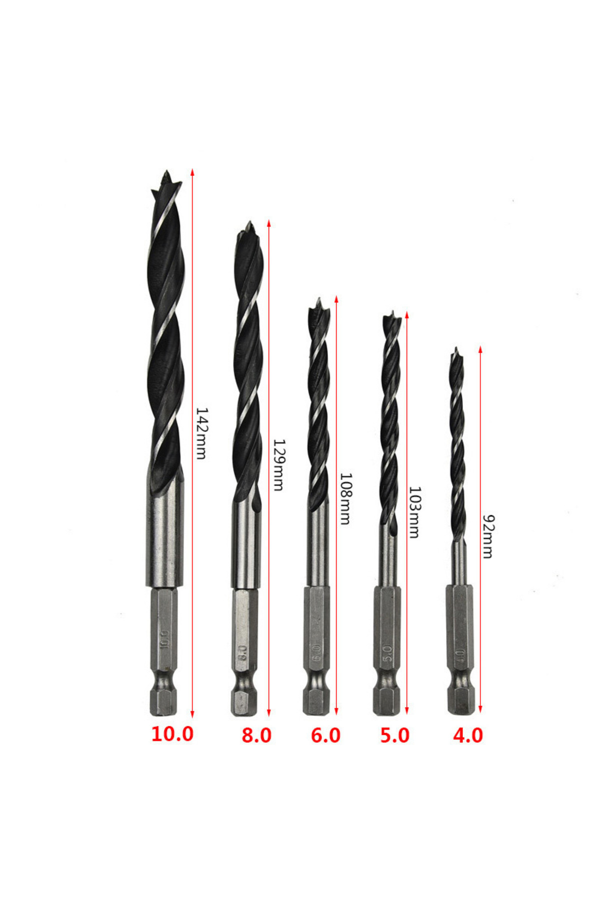 Choice-Round 5pcs 1/4" 4/5/6/8/10mm Three Pointed Woodworking Drill Bit Set Round / Hexagonal Handle Woodwo 5