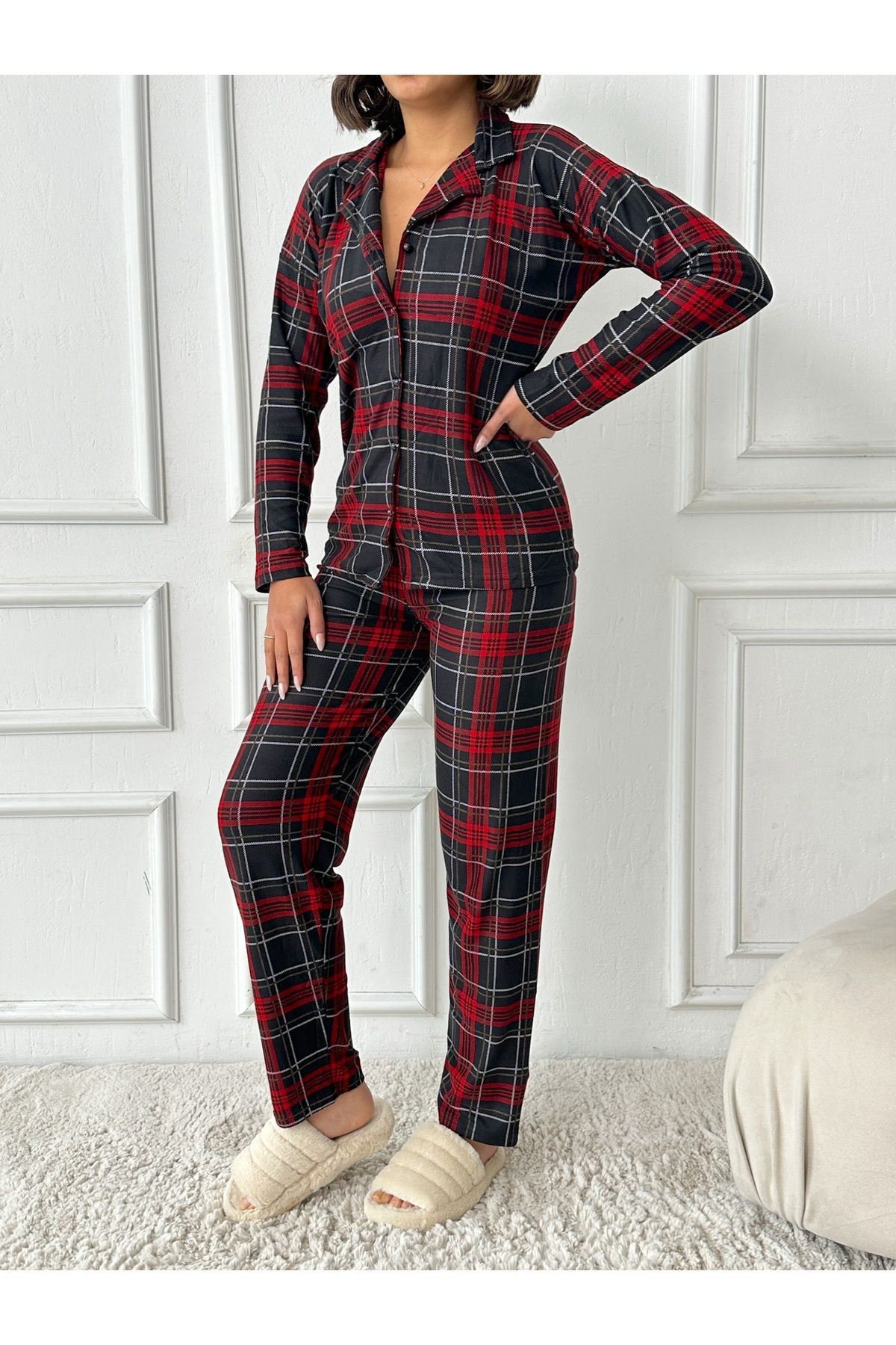 prova-Suede Plaid Long Sleeve Pajamas Set Misspt5660 3