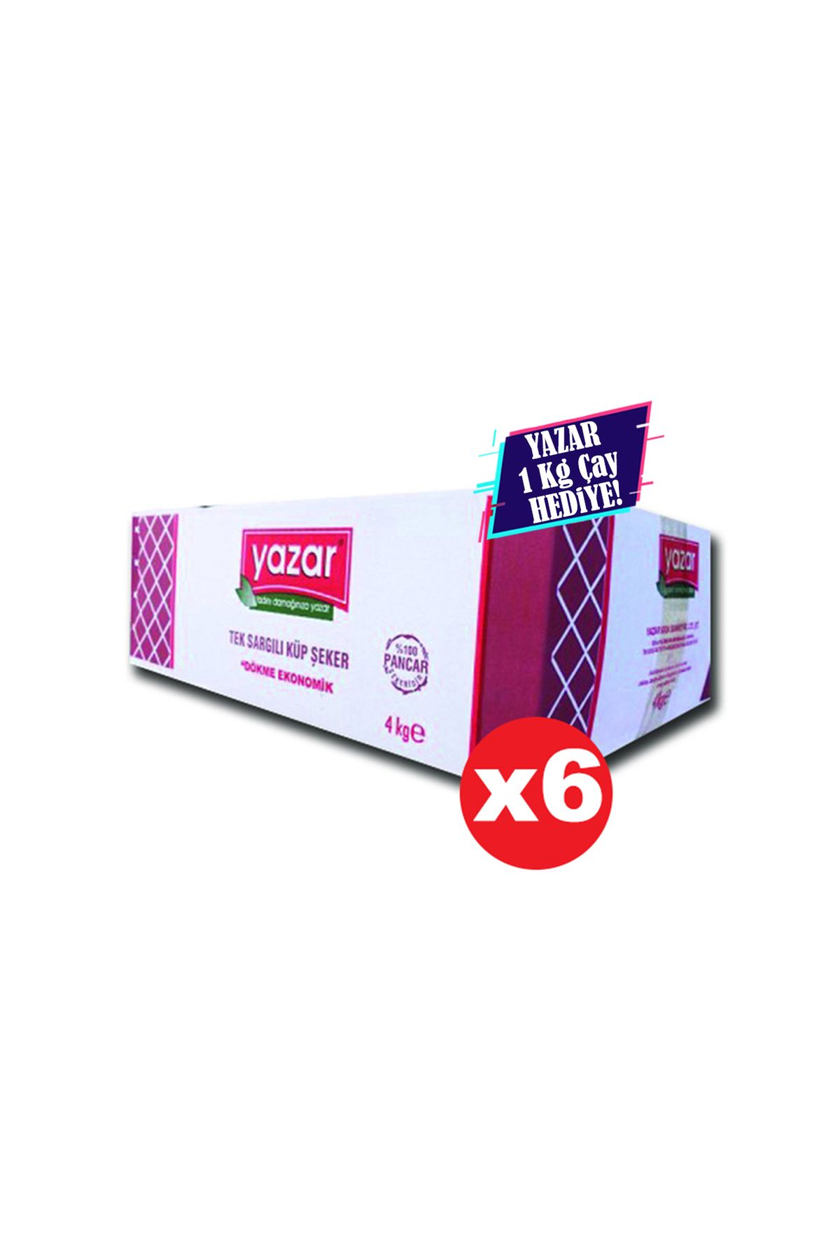 YAZAR 4 Kg x 6 Adet Yazar Tek Sargılı Kesme Küp Şeker - 1 Kg Yazar Çay Hediye