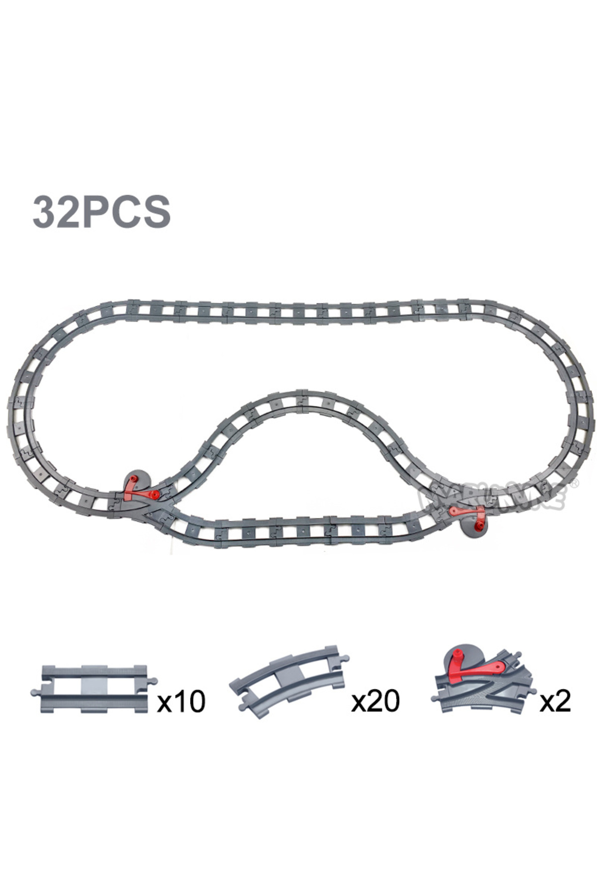 مجموعه ۳۲ قطعه‌ای ریل مارومینه: ۸ قطعه بلوک، ریل مستقیم، ریل منحنی، ریل تقاطع، قطعات سوئیچ راه‌آهن بزرگ