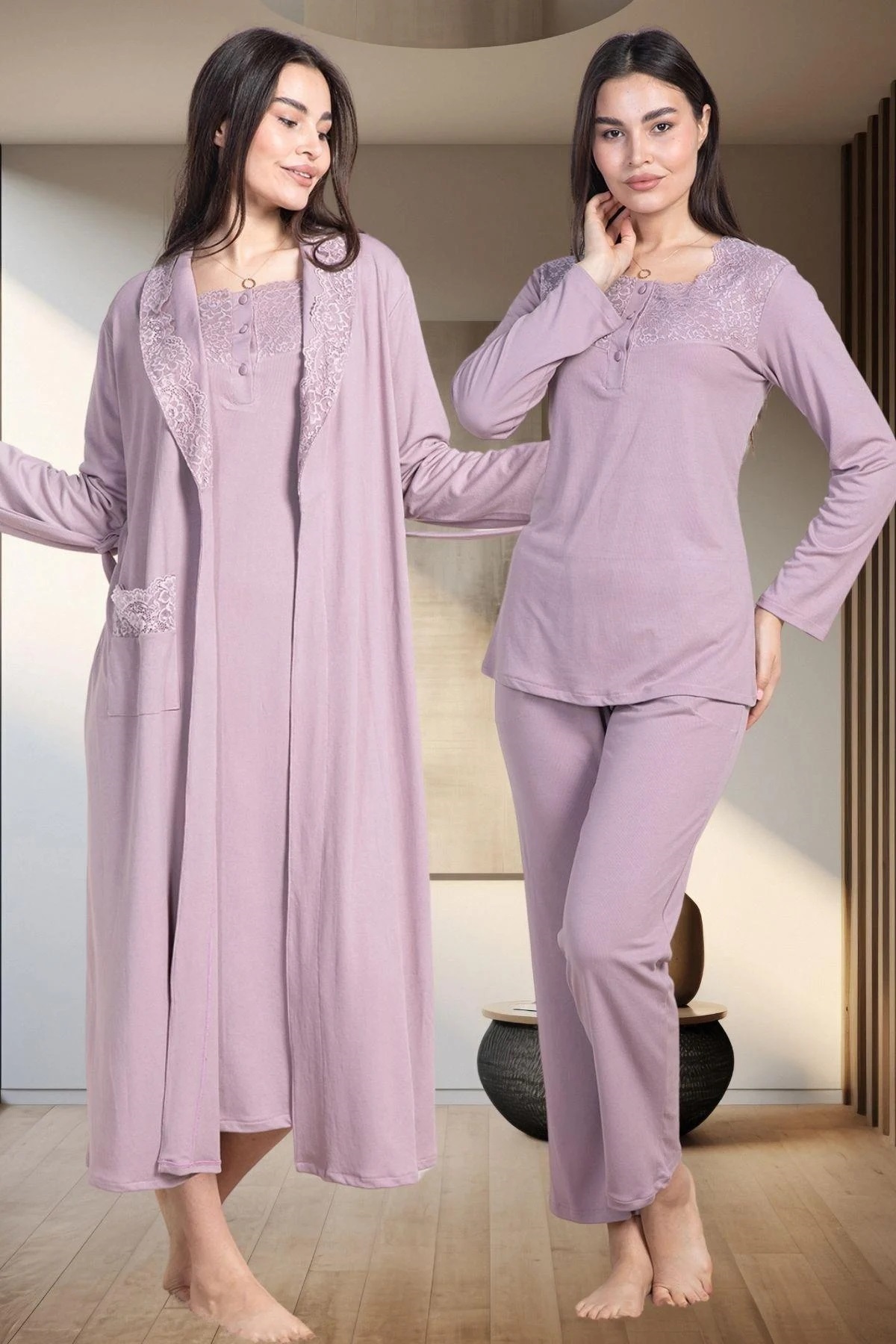 Mecit Pijama Rochie De Damă Cu Detaliu Guipure De Mărime Mare + Pijamale + Cămașă De Noapte Set De 4 Mâneci Lungi 75% Bumbac 25% Viscoză Femeie - L