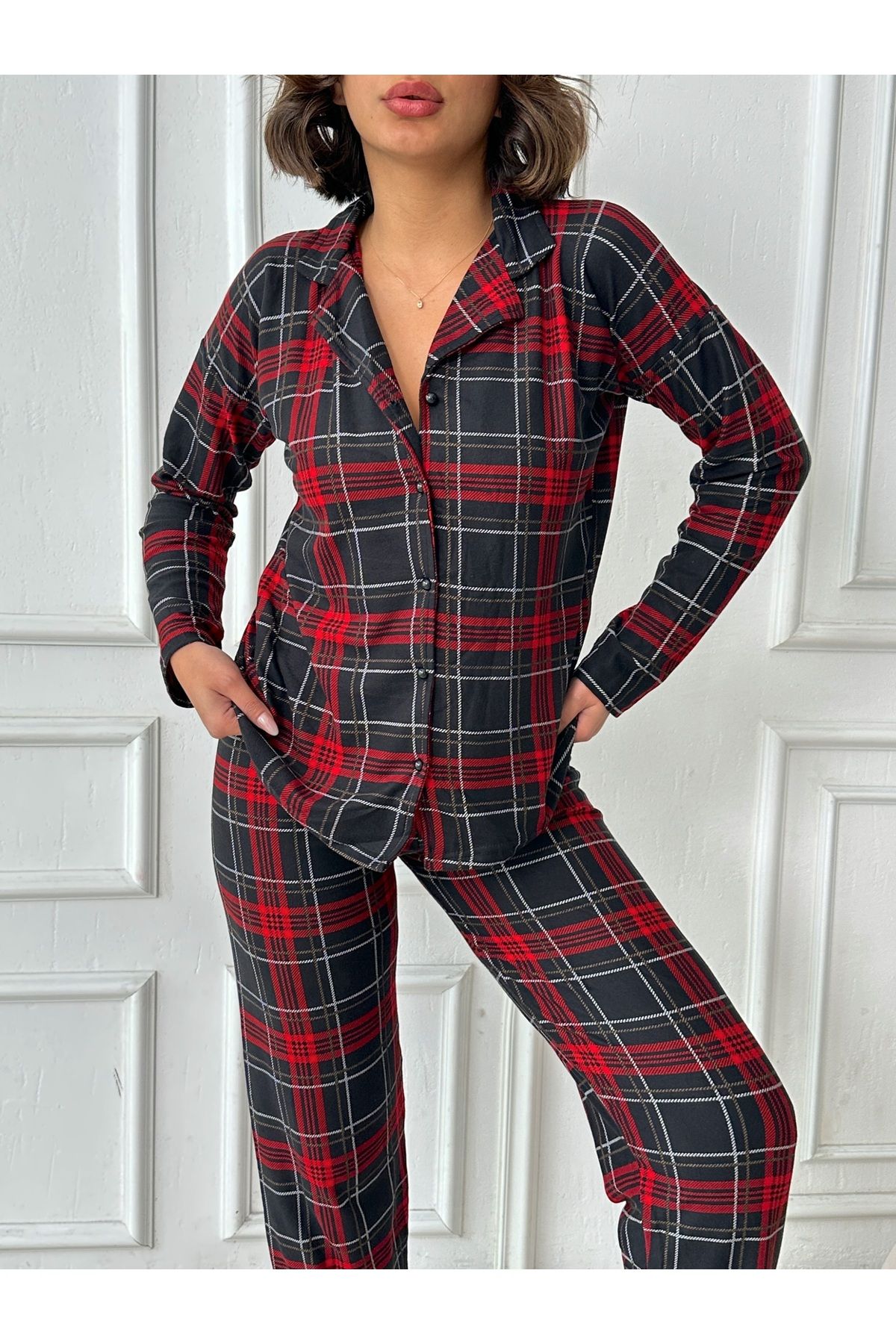 prova-Suede Plaid Long Sleeve Pajamas Set Misspt5660 4