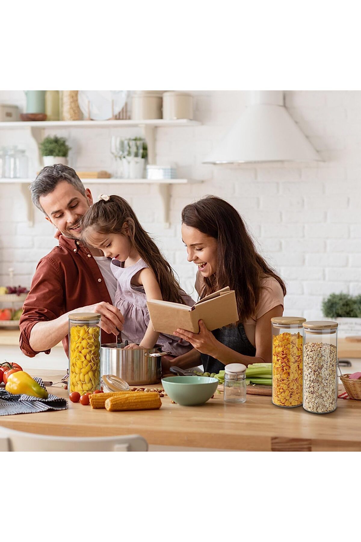 Generic-مجموعة من 3 برطمانات تخزين زجاجية بغطاء محكم من الخيزران سعة 1000 مل 6