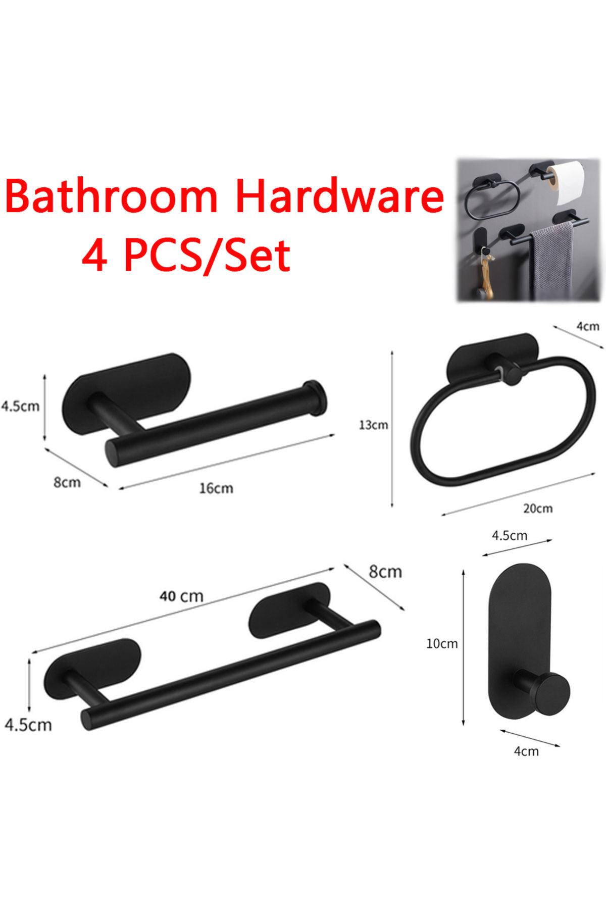 Choice-Black Hardwares Set 4pcs/set Towel Holder Toilet Paper Holder Bathroom Accessories Adhesive Hooks Wa 1