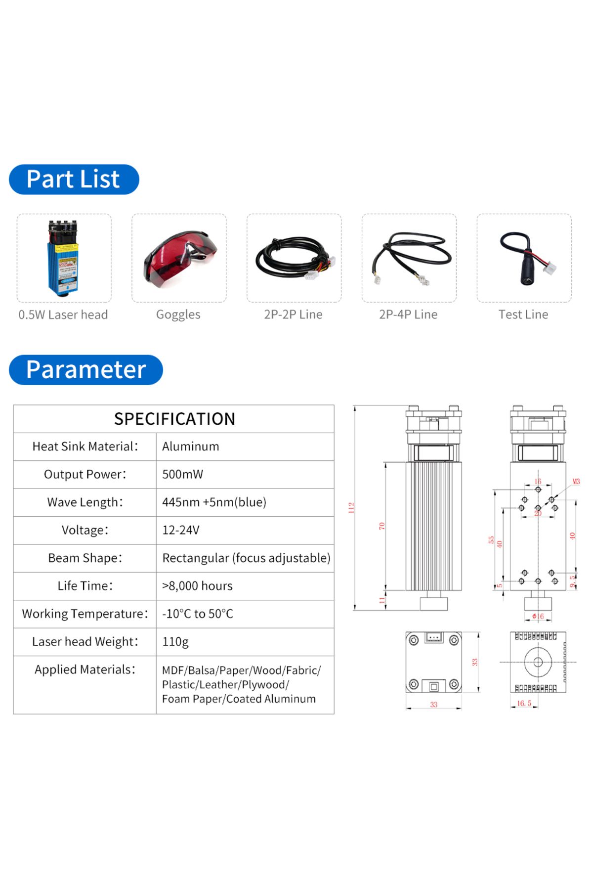 LUNYEE-500mW 405NM 12V Blue Violet Laser Module Adjustable Focal Laser Head With TTL PWM Control With Go... 5