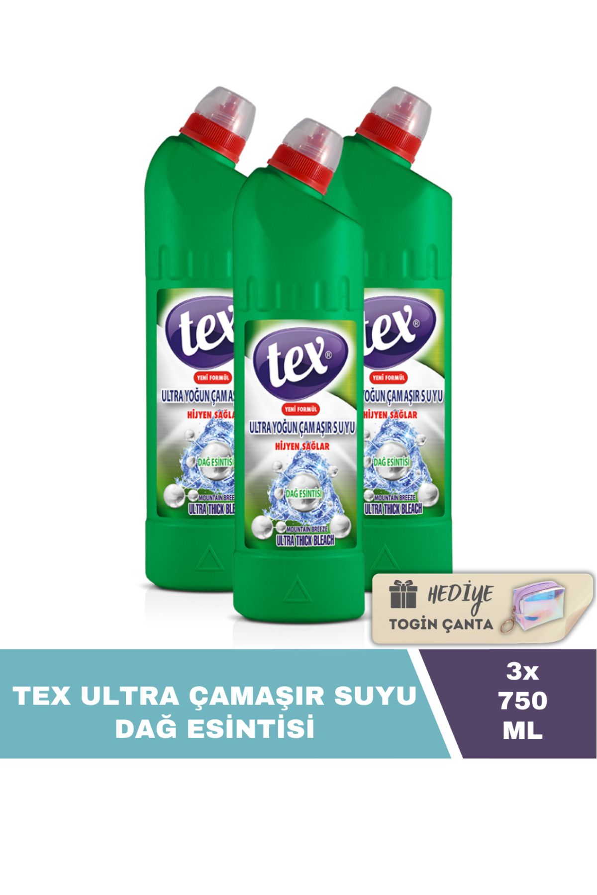 Tex Ultra Çamaşır Suyu Dağ Esintisi 750 ml X3 Adet Hediye Togin Çanta