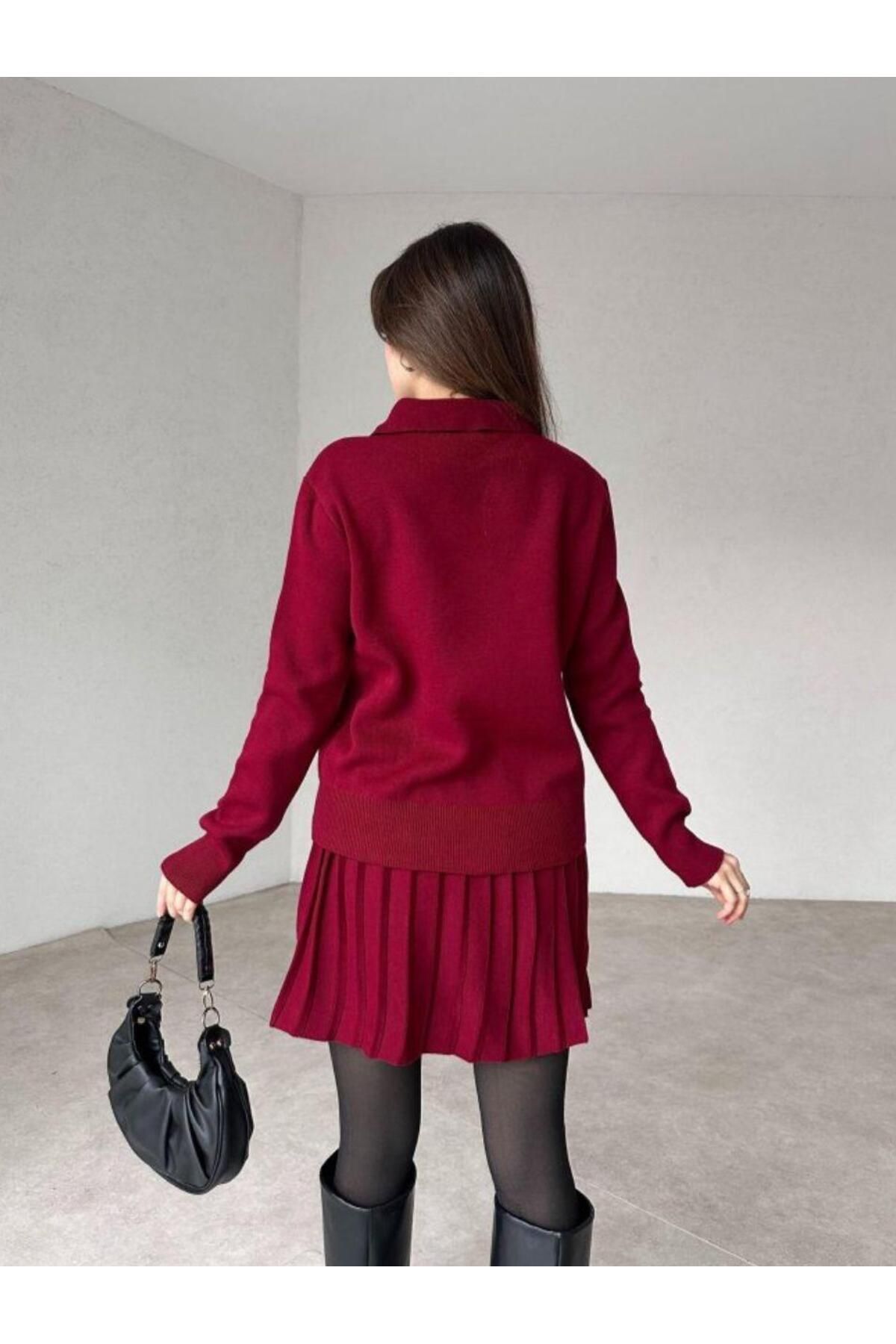 Cistern İstanbul-Women's Burgundy Polo Neck Sweater Pleated Skirt Bottom Top Set 4