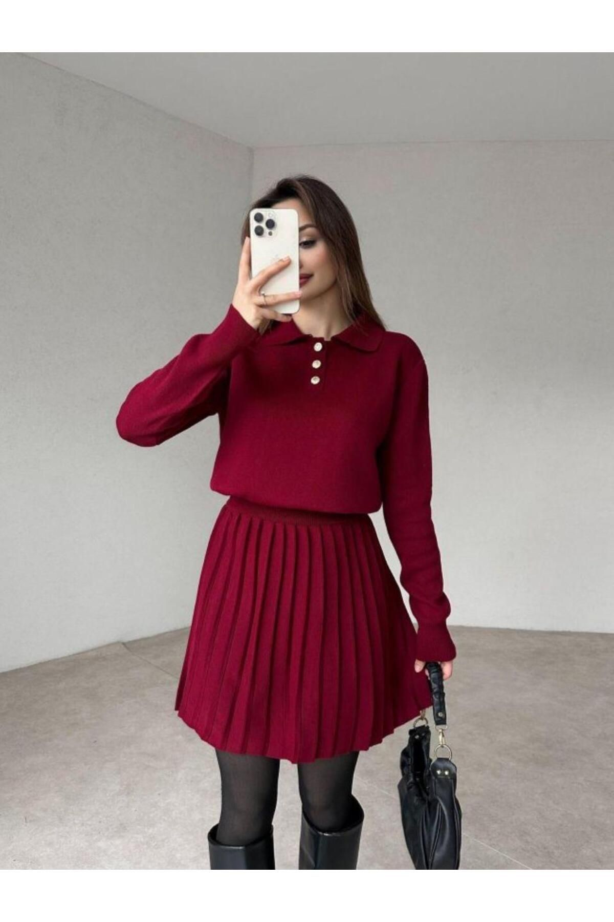 Cistern İstanbul-Women's Burgundy Polo Neck Sweater Pleated Skirt Bottom Top Set 3