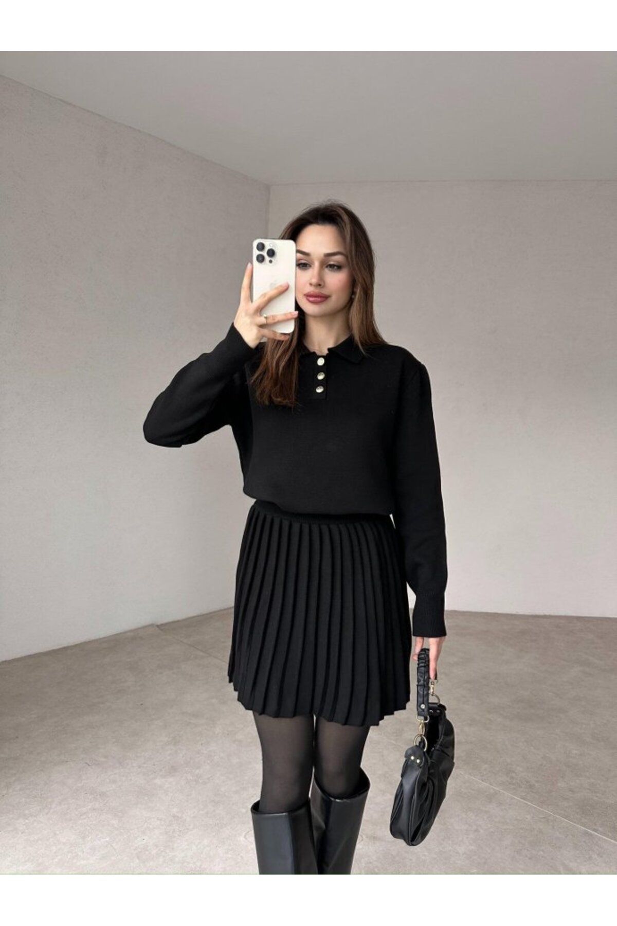 Cistern İstanbul-Women's Black Polo Neck Sweater Pleated Skirt Bottom Top Set 4