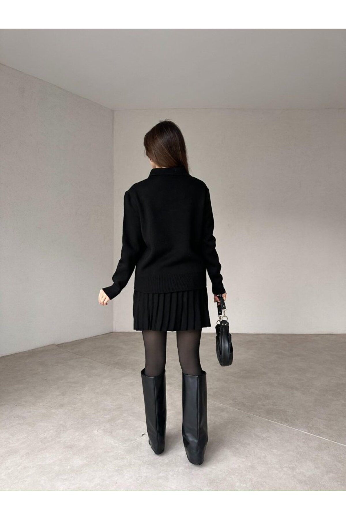 Cistern İstanbul-Women's Black Polo Neck Sweater Pleated Skirt Bottom Top Set 3