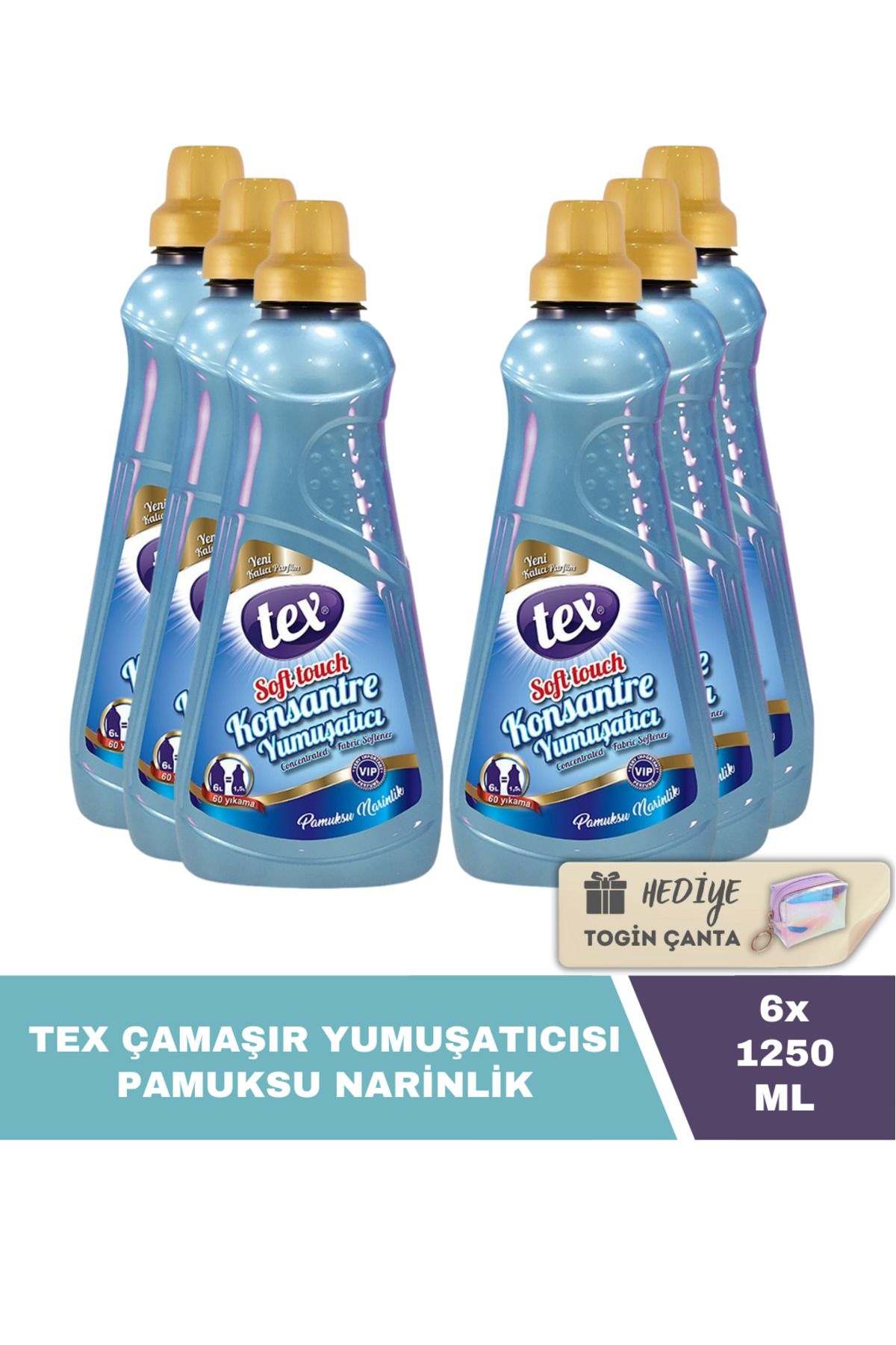 Tex Konsantre Yumuşatıcı Pamuksu Narinlik 1250 ml X6 Adet Hediye Togin Çanta