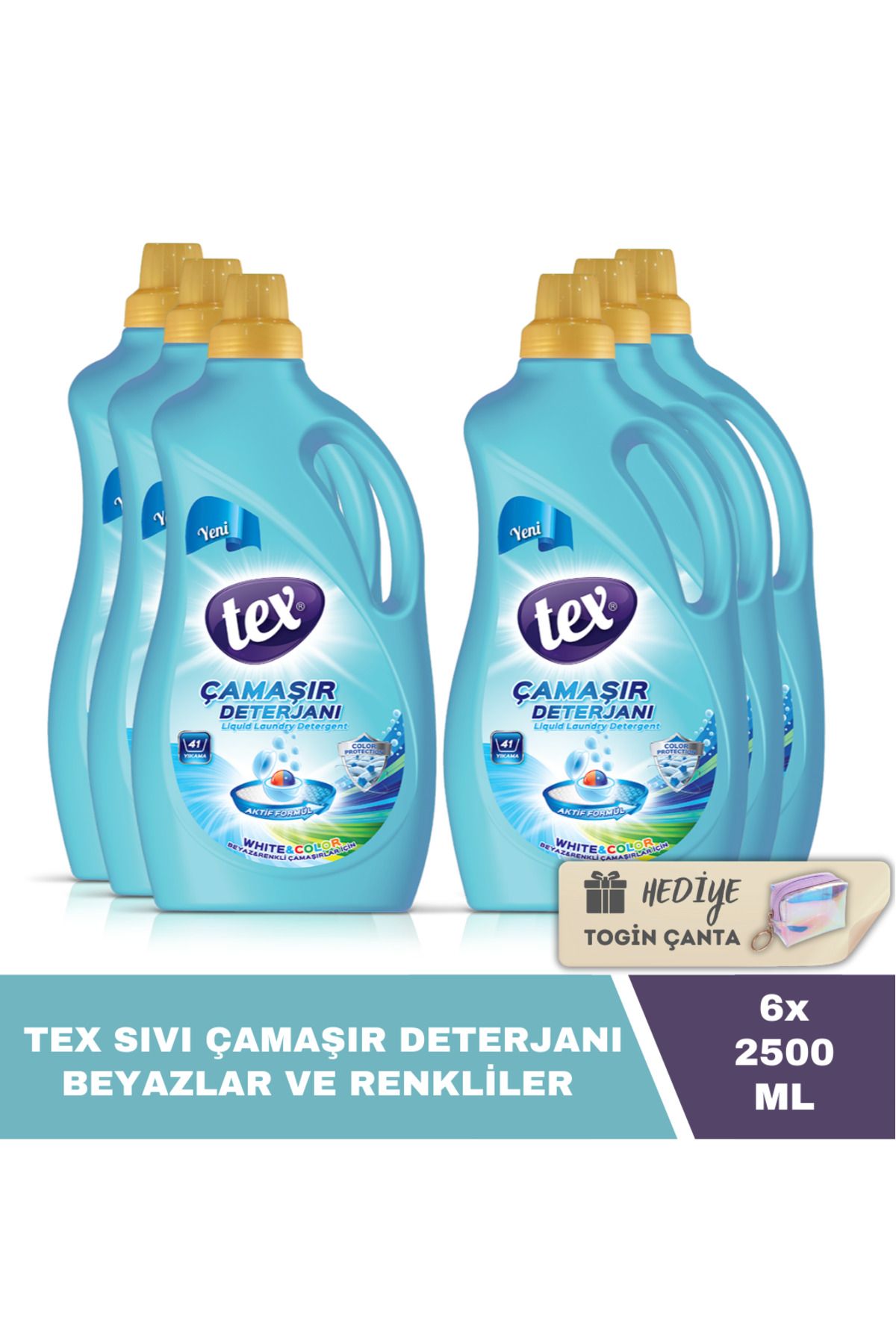 Tex Sıvı Çamaşır Deterjanı Beyazlar ve Renkliler 2500 ML X6 Adet + Hediye Togin Çanta