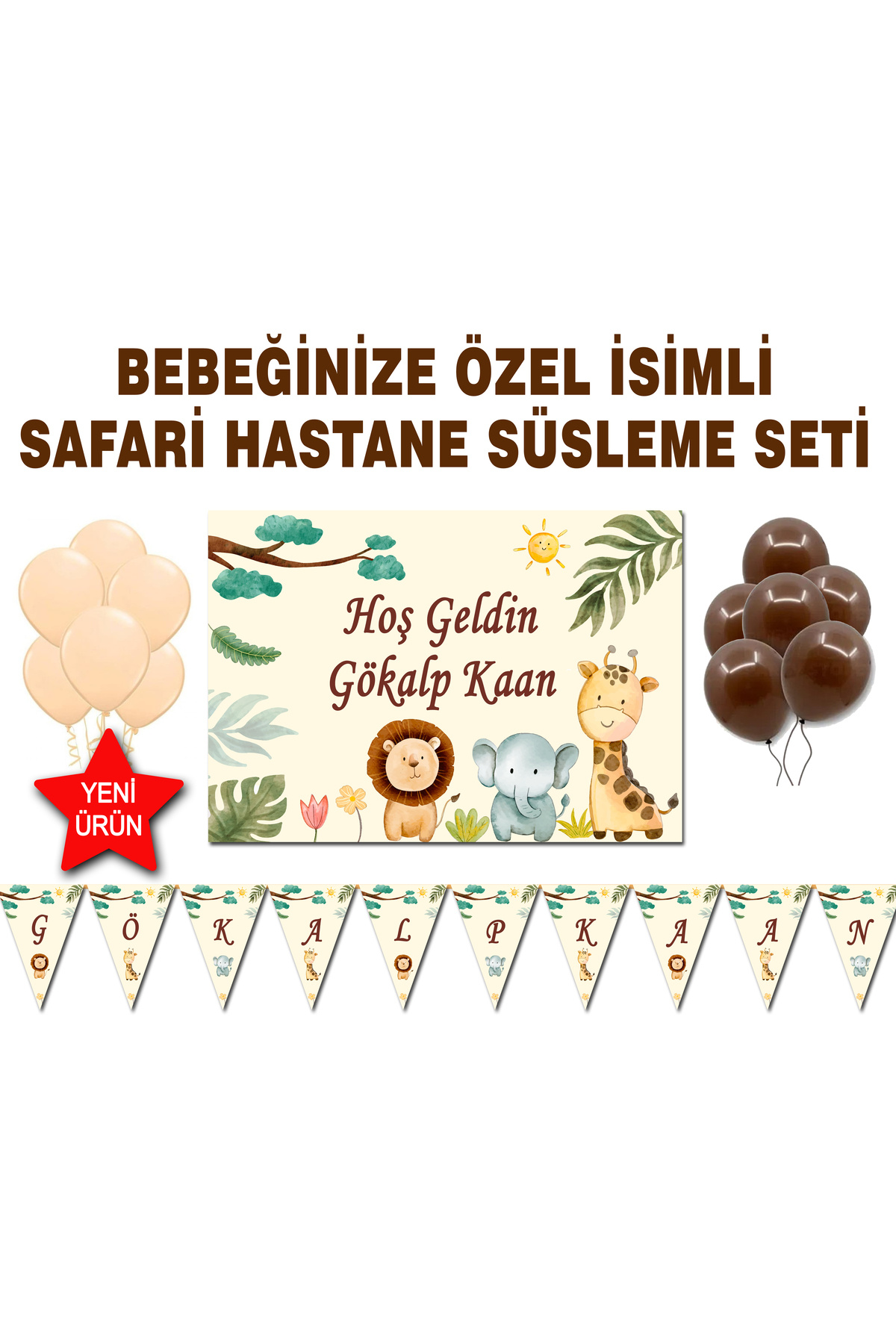 Sunligo Bebeğinize Özel İsimli Hastane Bebek Odası Süsleme Set Safari Aslan Model PVC Kaplı Afiş Flama Balon