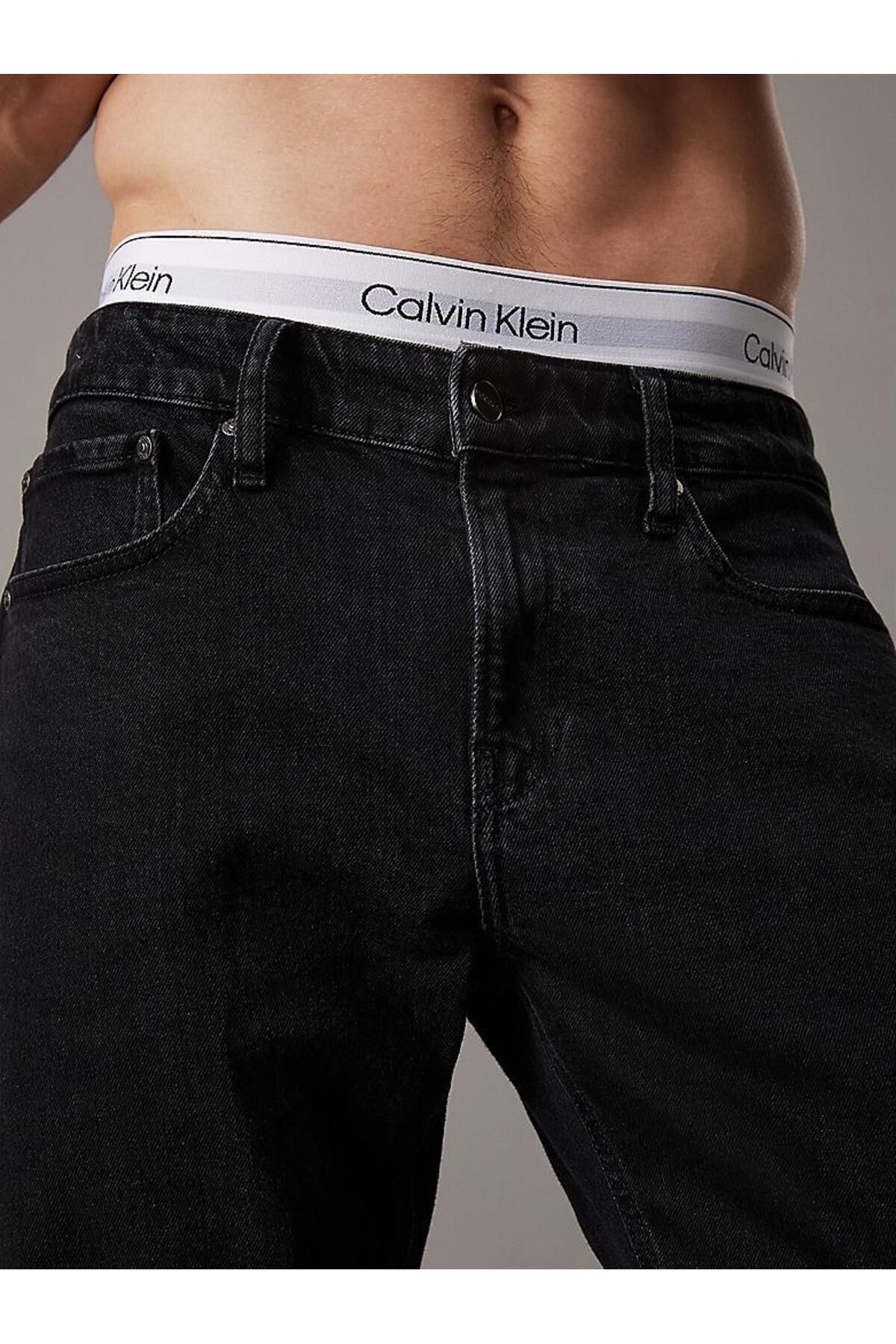 شلوار جین مشکی مردانه تناسب باریک سیاه شسته شده Calvin Klein